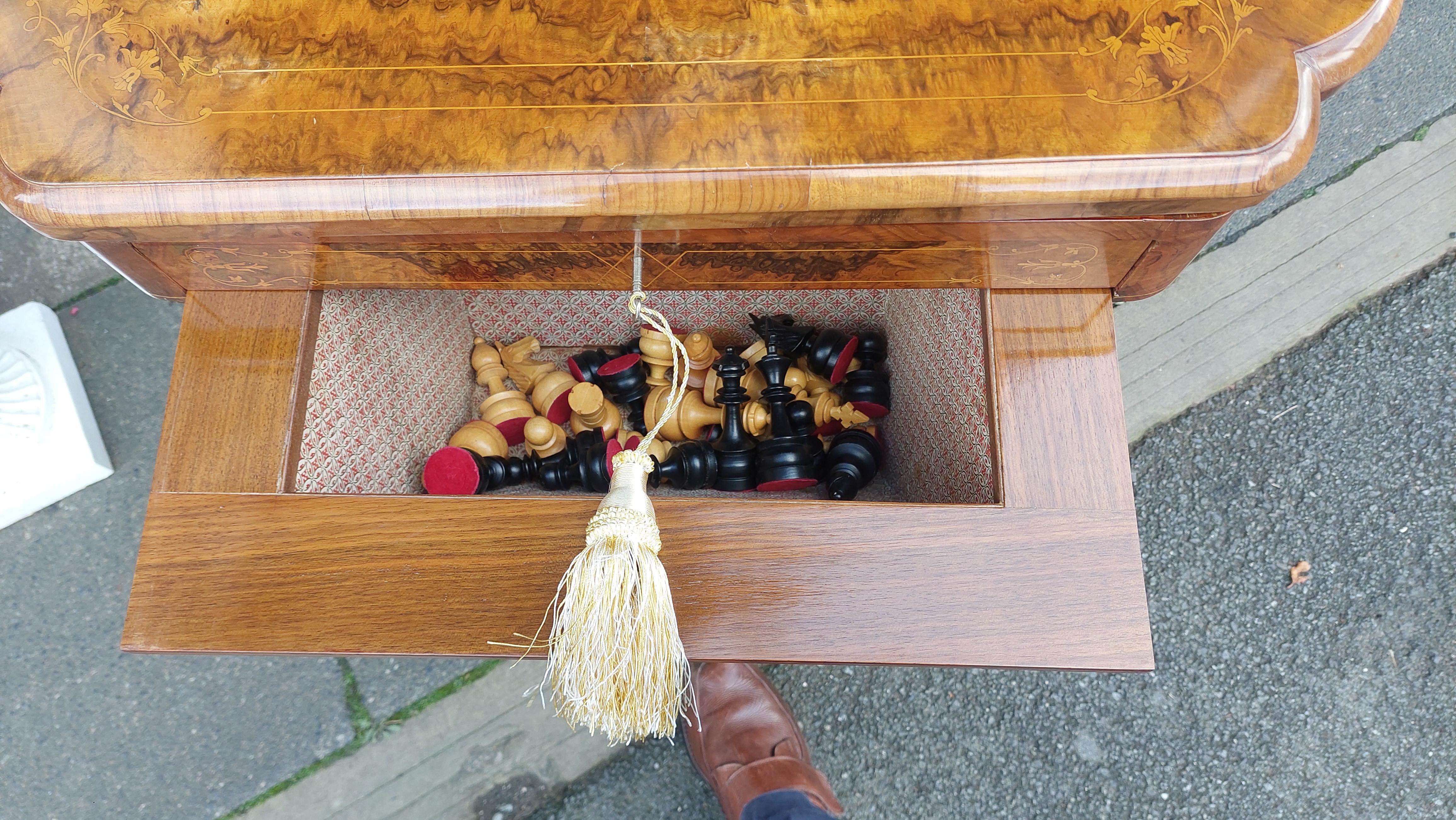 19thC Burr Walnut and Marquetry Inlaid Games/Work Table For Sale 4