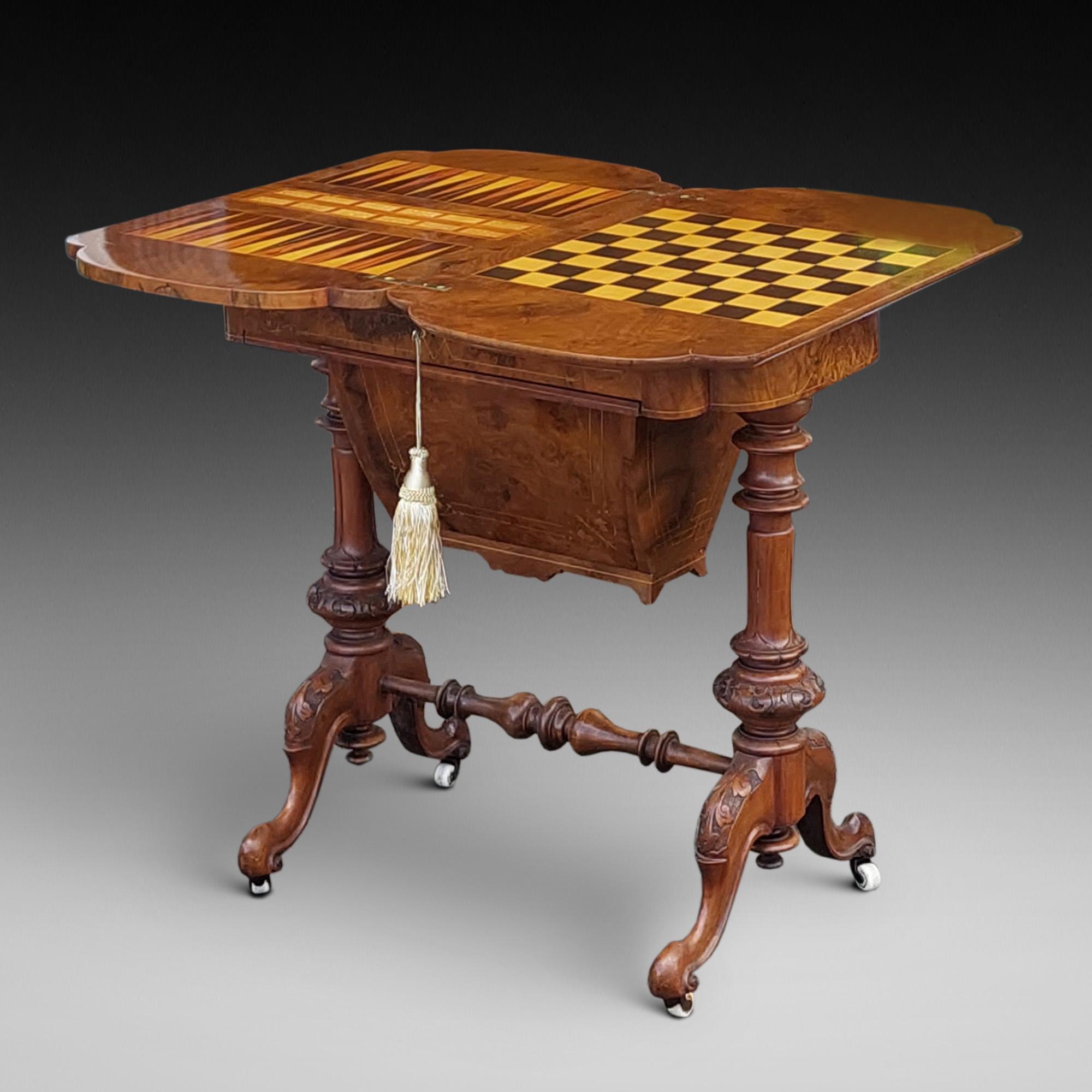 English 19thC Burr Walnut and Marquetry Inlaid Games/Work Table For Sale