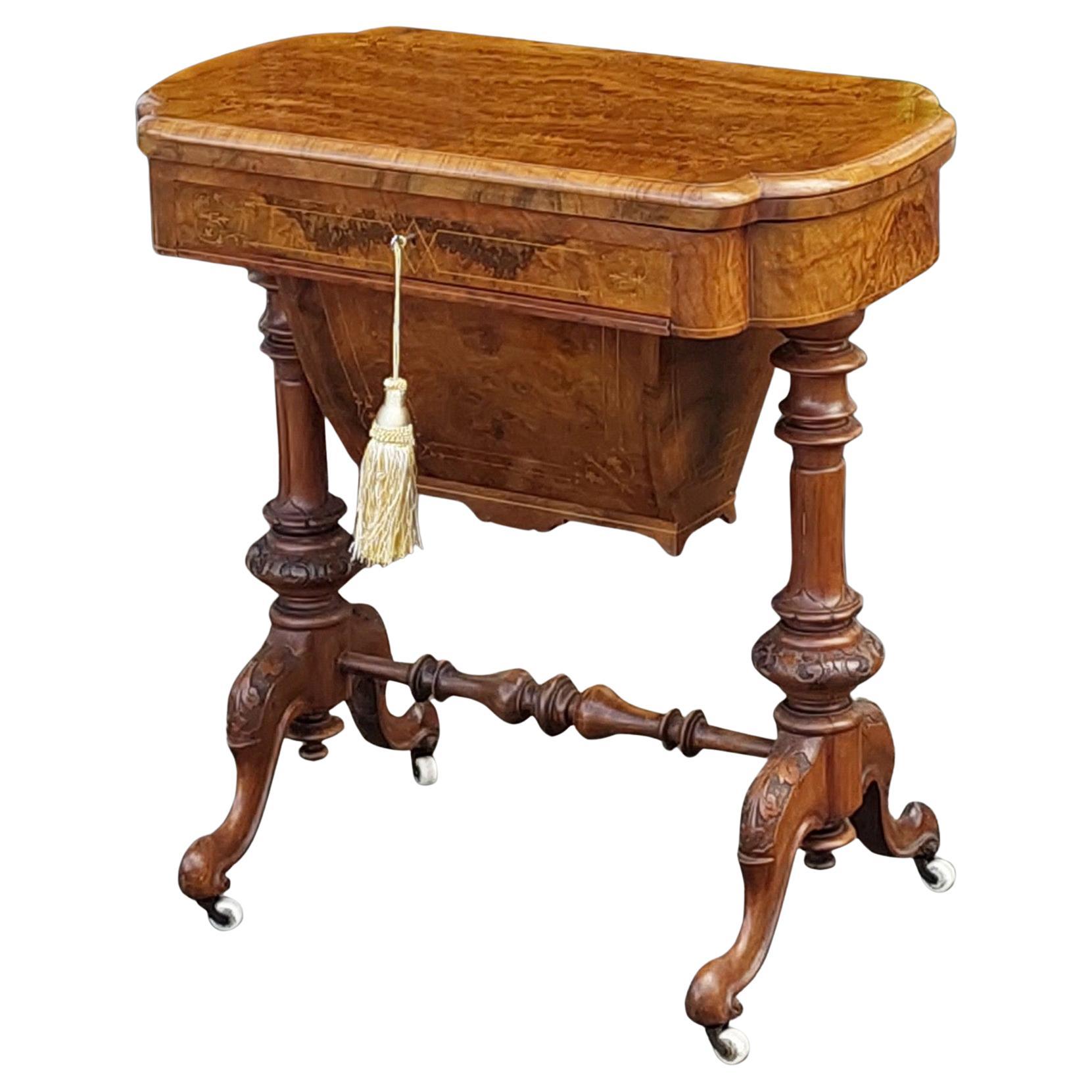 19thC Burr Walnut and Marquetry Inlaid Games/Work Table For Sale