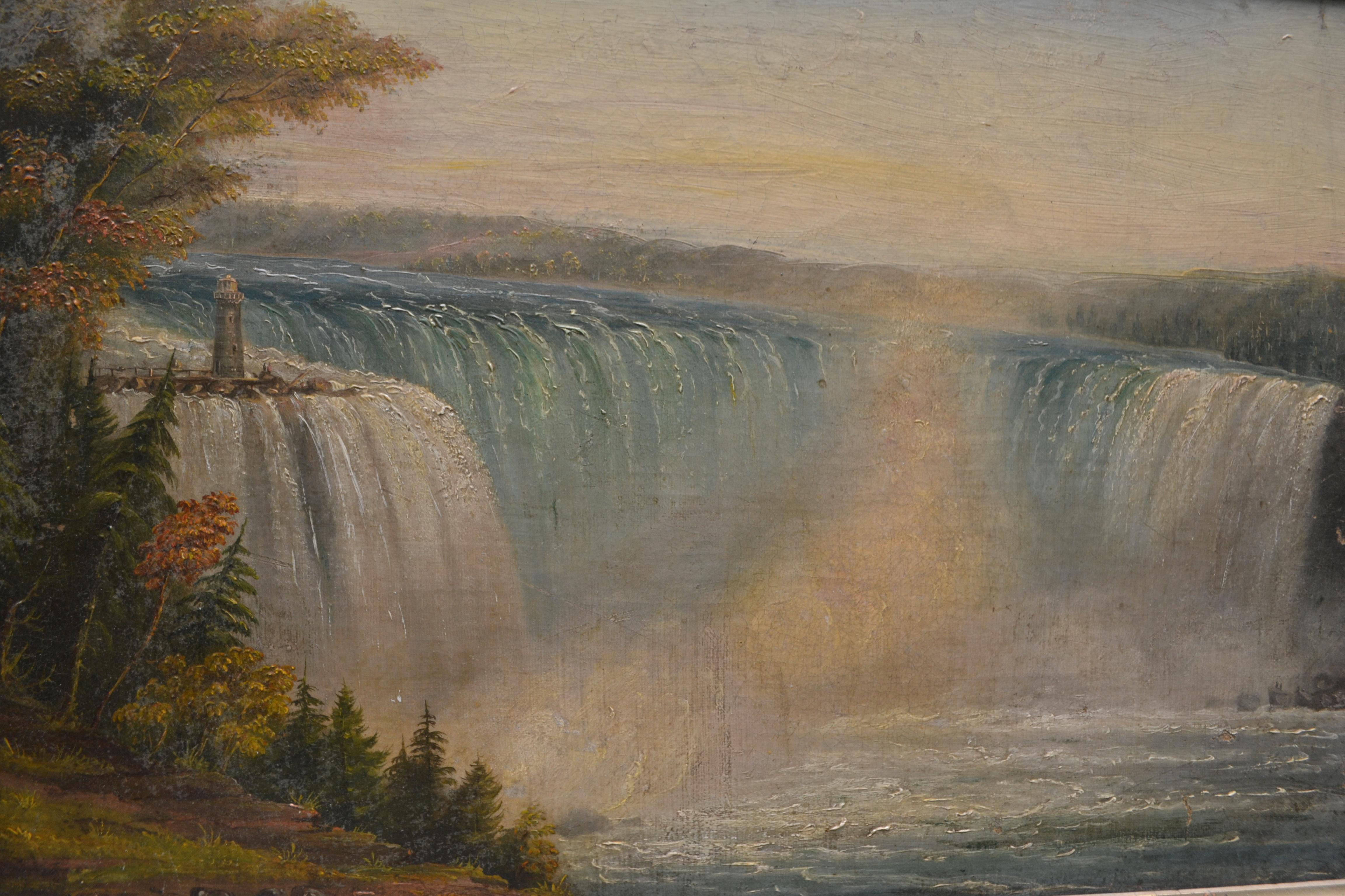 A small oil on canvas of Niagara Falls showing the original lighthouse attributed to Robert Whale, presented in a period gilded wooden frame. 

Robert Reginald Whale was born in, Cornwall England in 1805. In 1852, Whale and his family emigrated to