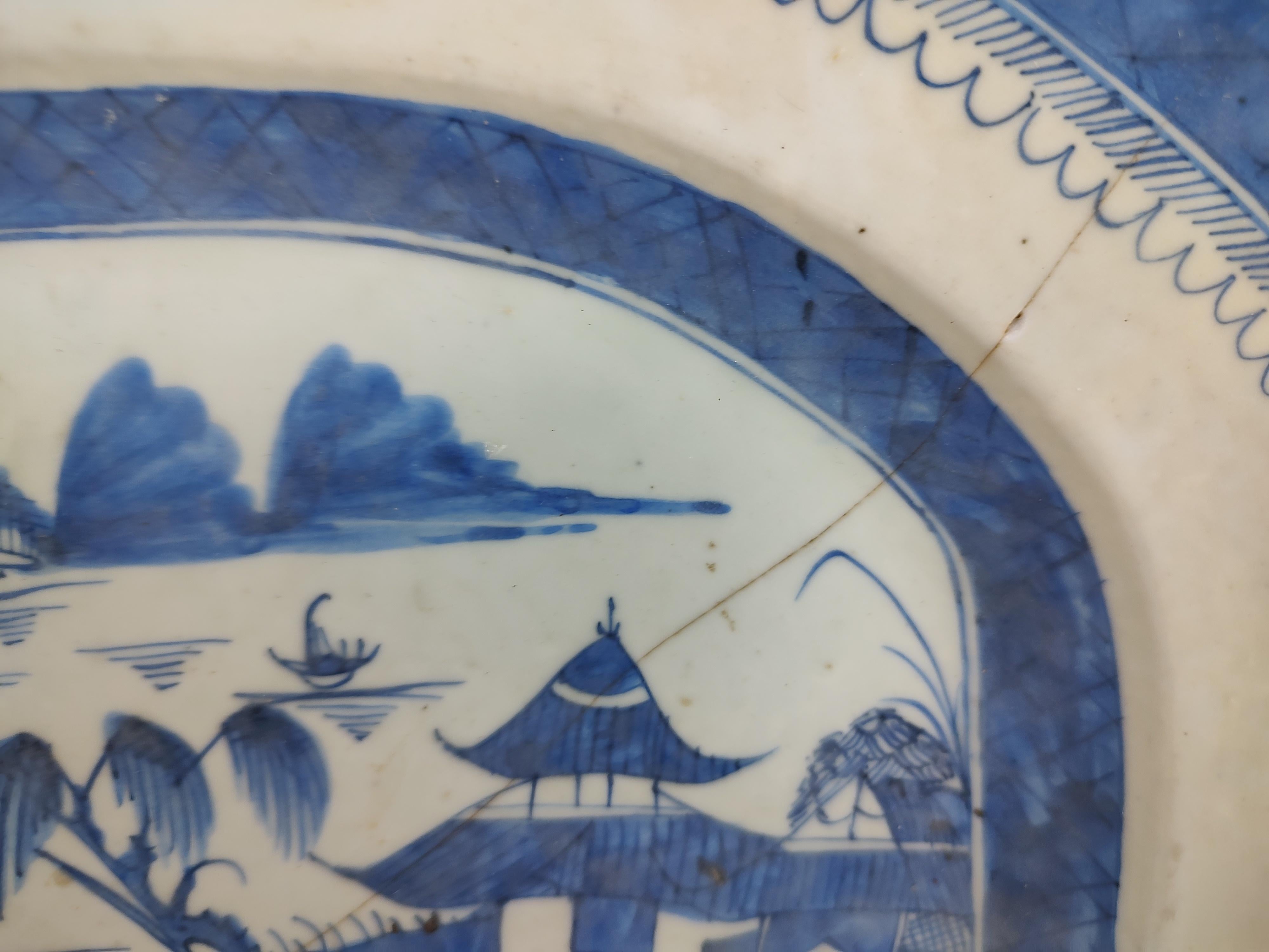 Hand-Crafted 19thC Cantonese Blue & White Serving Platter Canton Ware For Sale