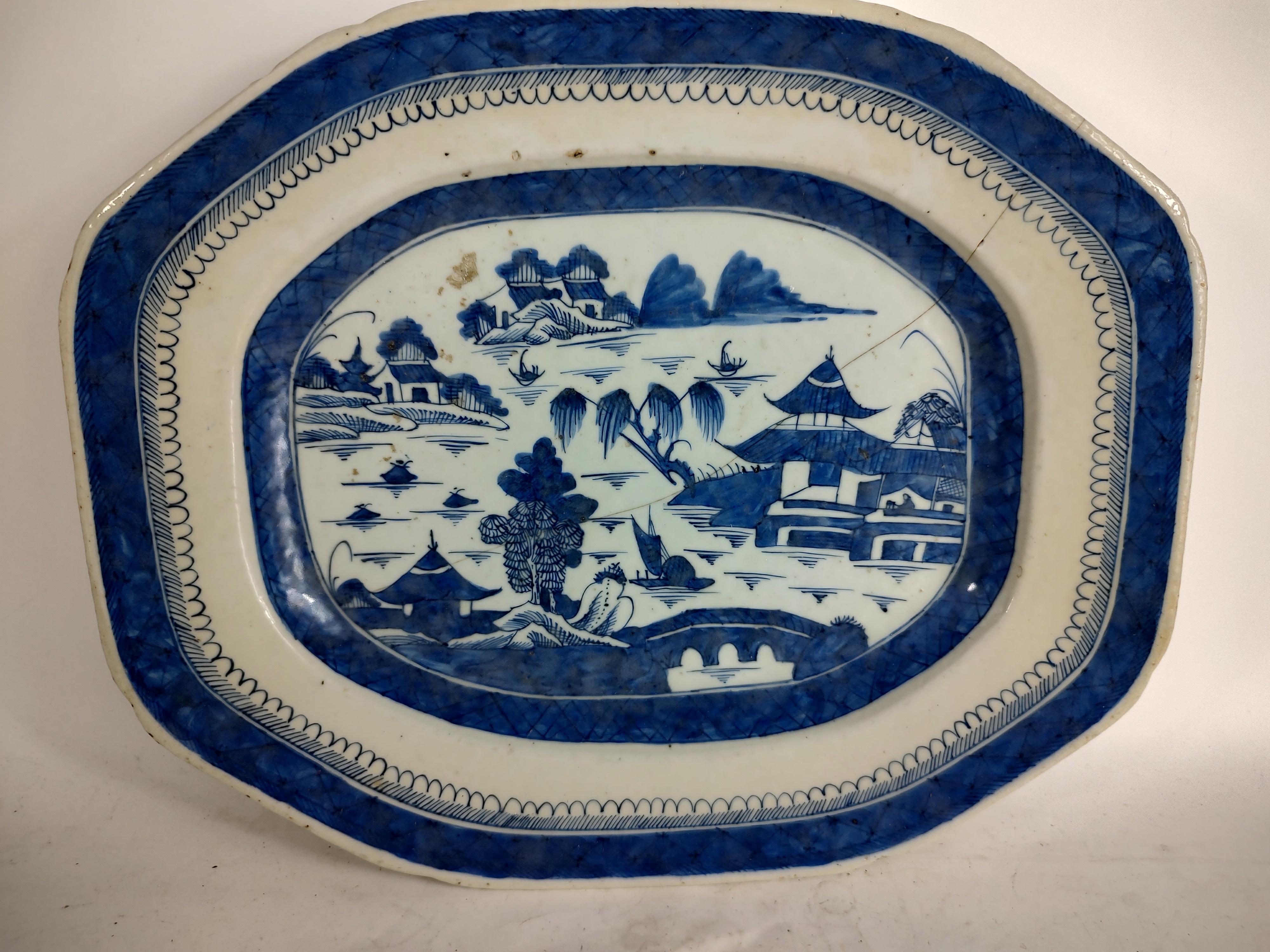 Late 19th Century 19thC Cantonese Blue & White Serving Platter Canton Ware For Sale