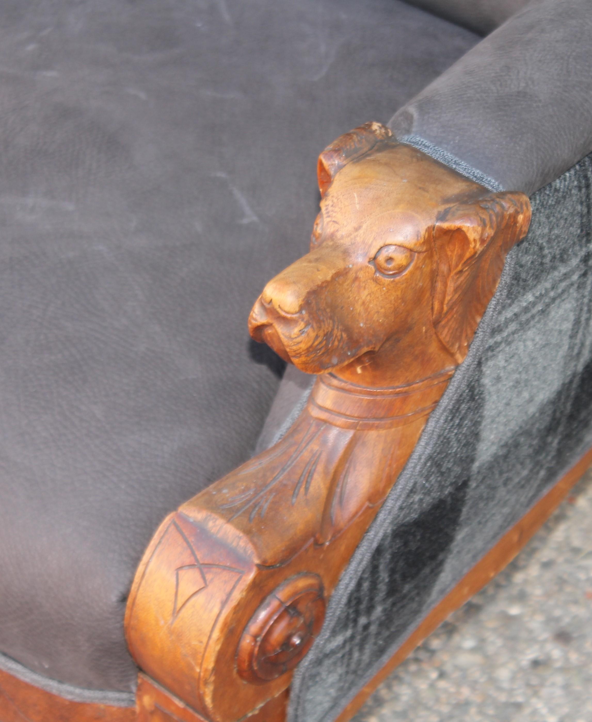 19thc Carved Dog Motif in Arms of Chair in Leather 2