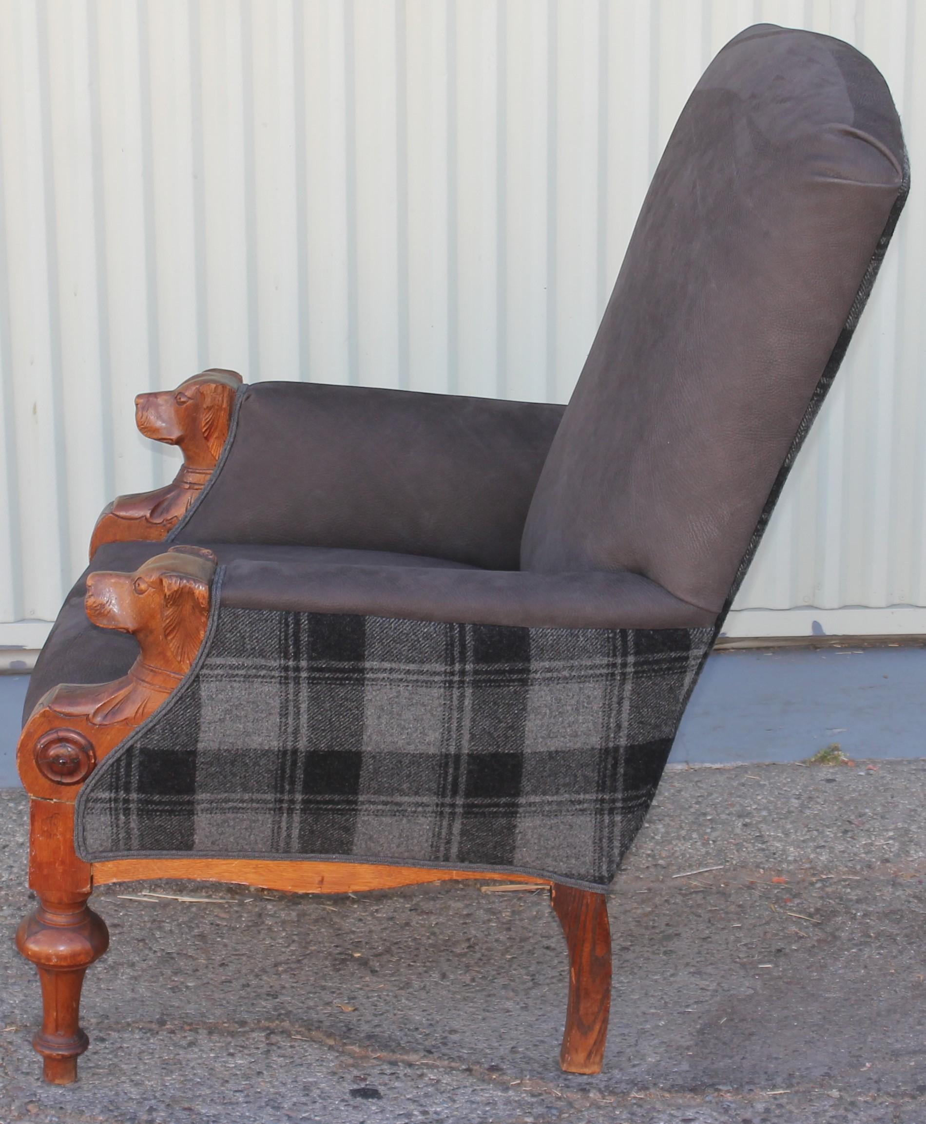 Adirondack 19thc Carved Dog Motif in Arms of Chair in Leather