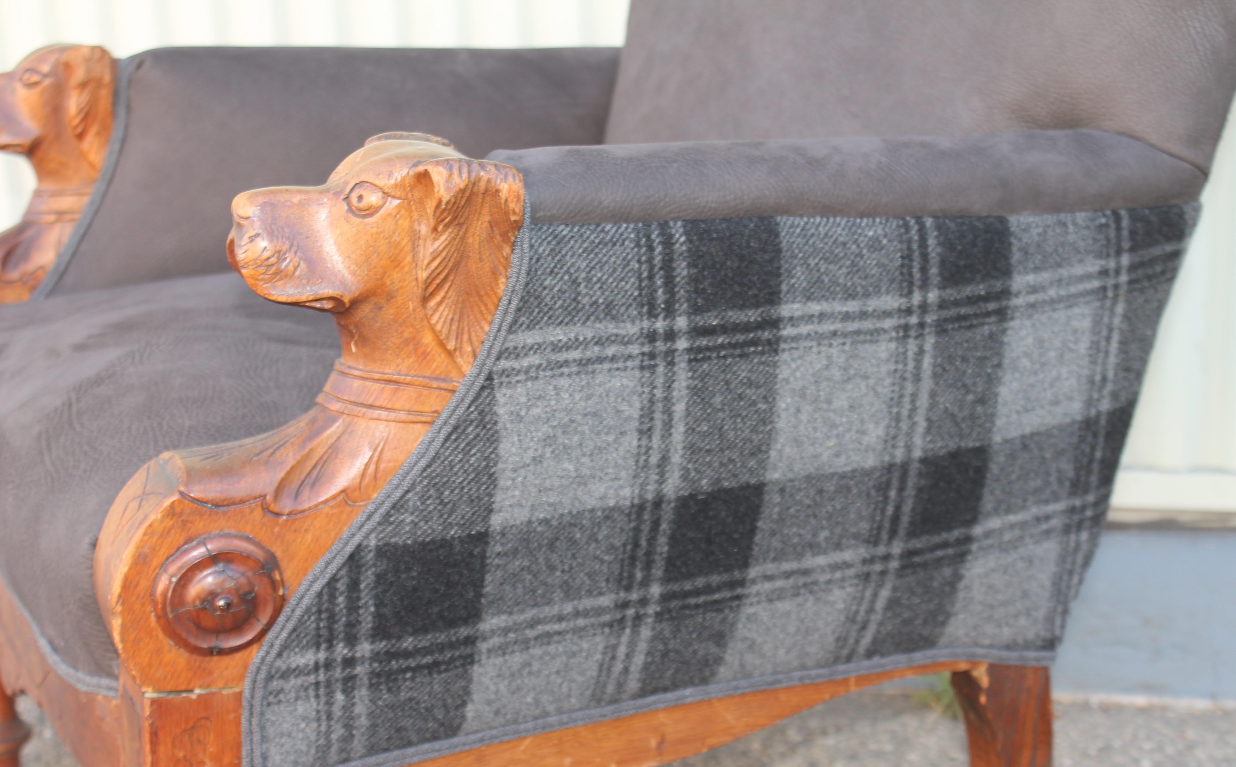 American 19thc Carved Dog Motif in Arms of Chair in Leather