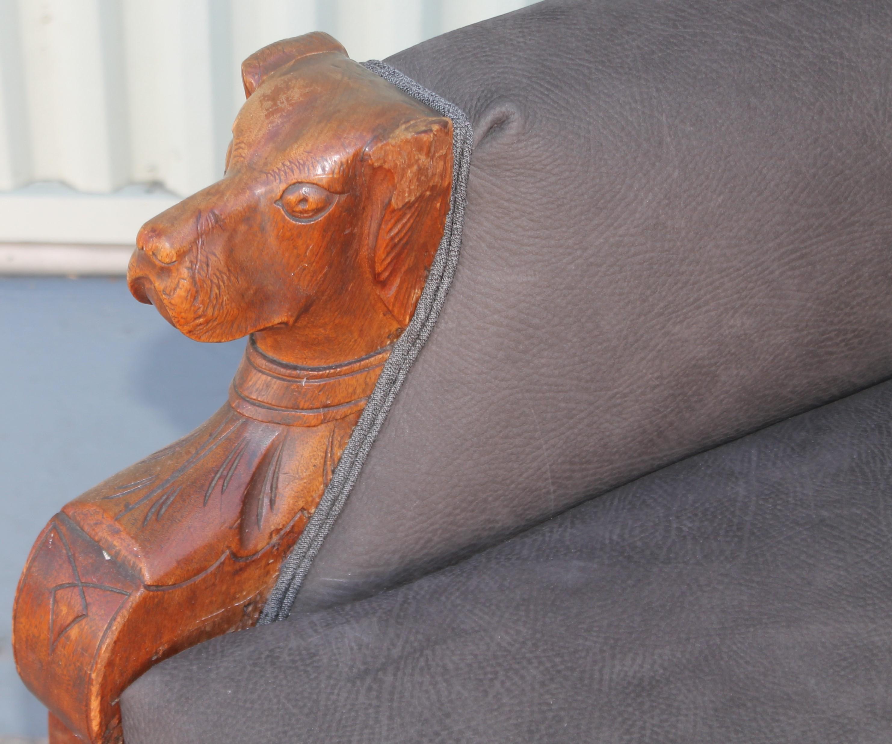 Wood 19thc Carved Dog Motif in Arms of Chair in Leather