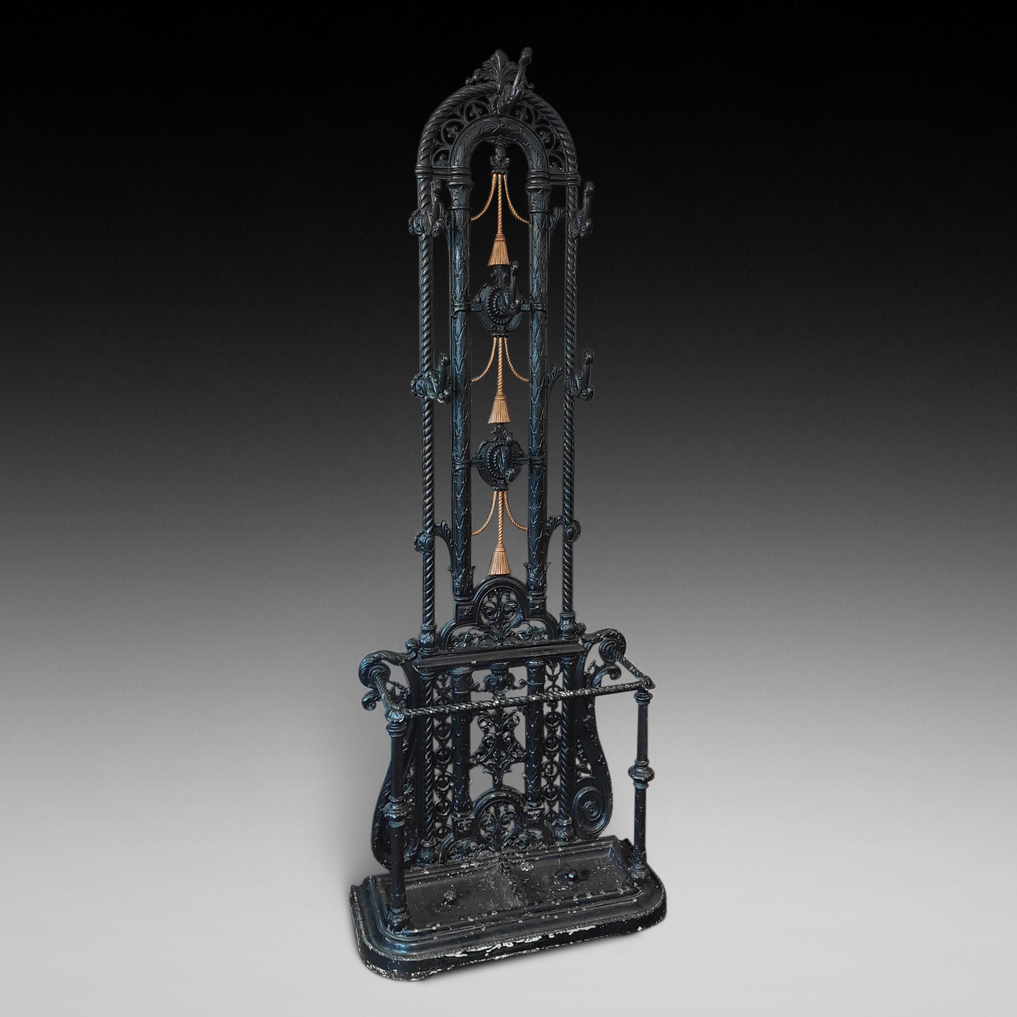 19thC Cast Iron Hall Stand by the Falkirk Foundry - large and impressive decorative 19thC black painted, stamped to the reverse along with a registration kite mark lozenge, complete with lift out drip trays and hooks - 30