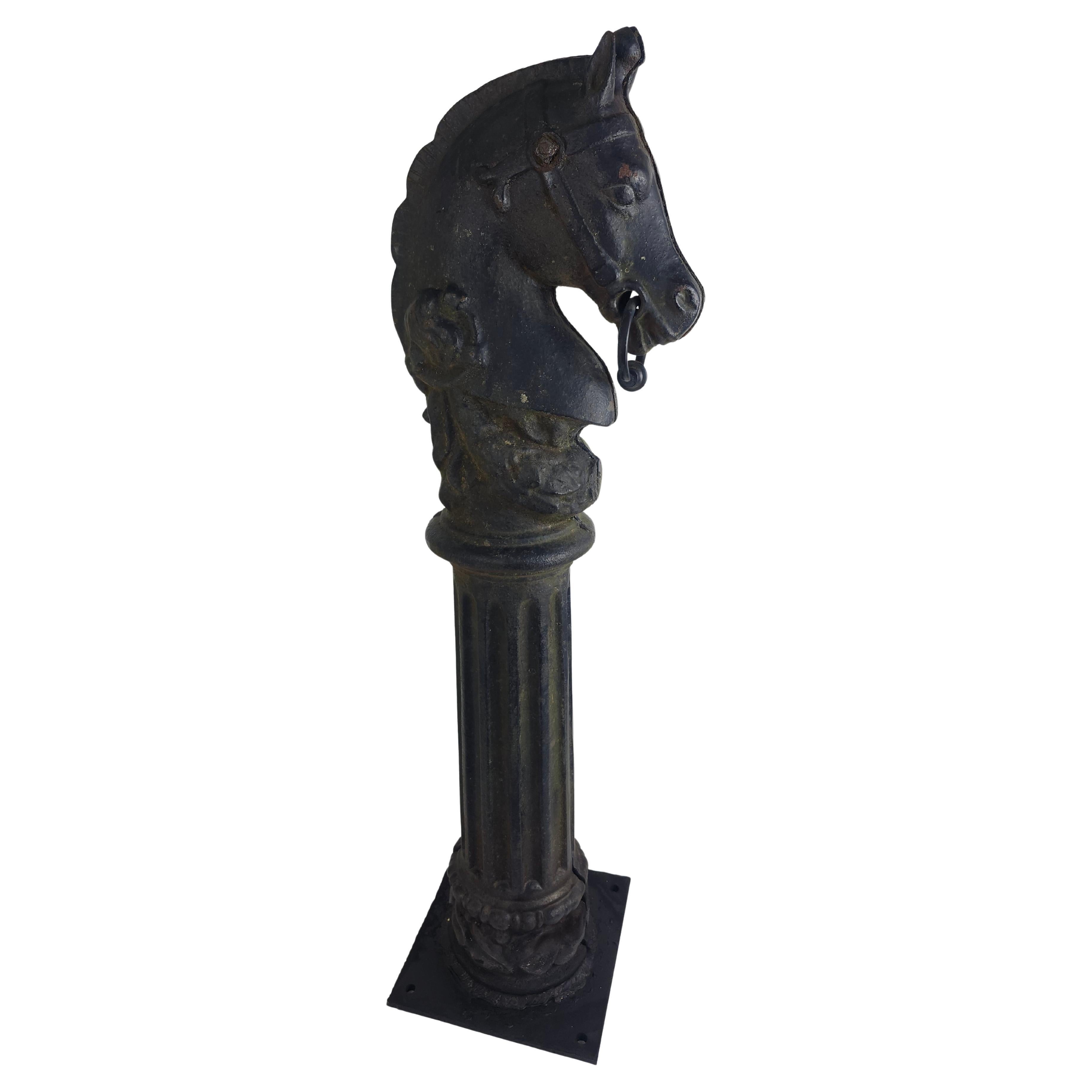 19thC Cast Iron Horse Head Hitching Post with a Base