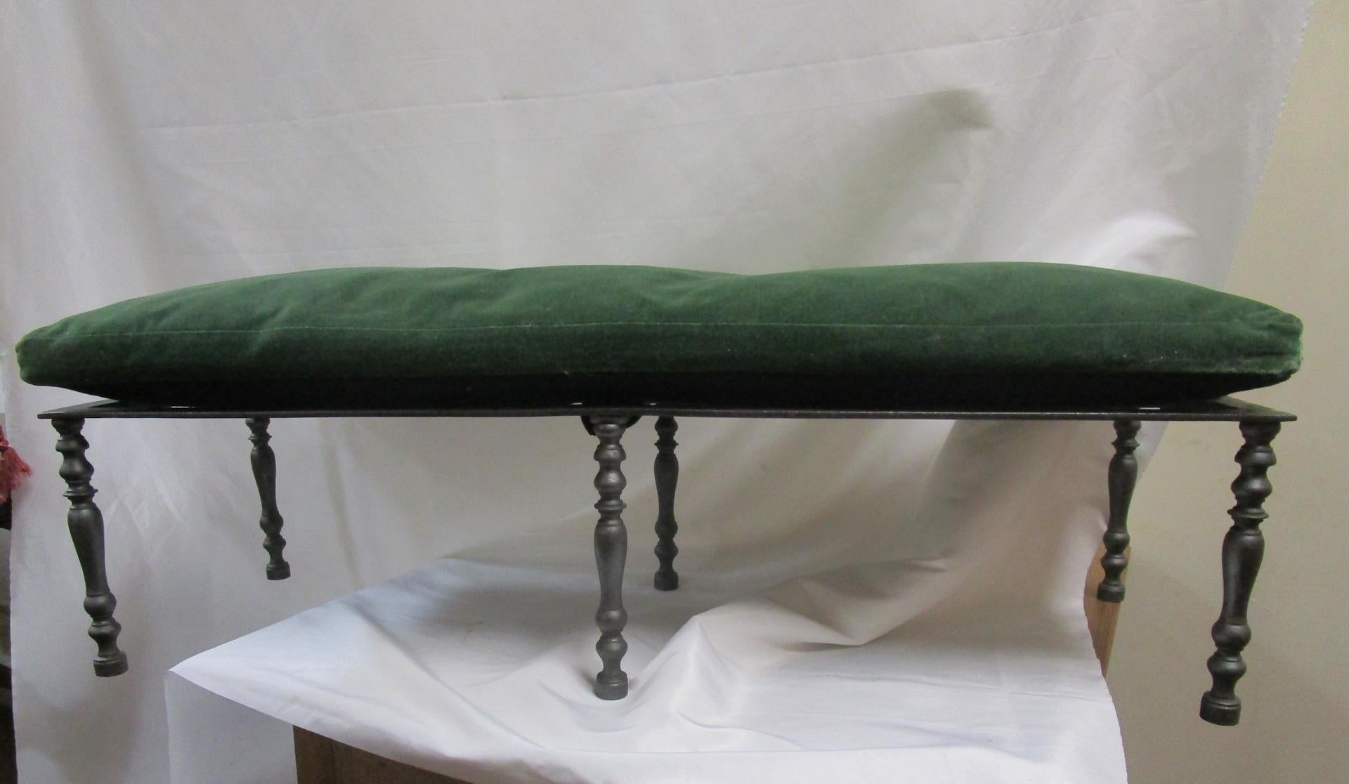 19thc Cast Iron Low English Garden or Fireplace Bench with Velvet Custom Cushion 1