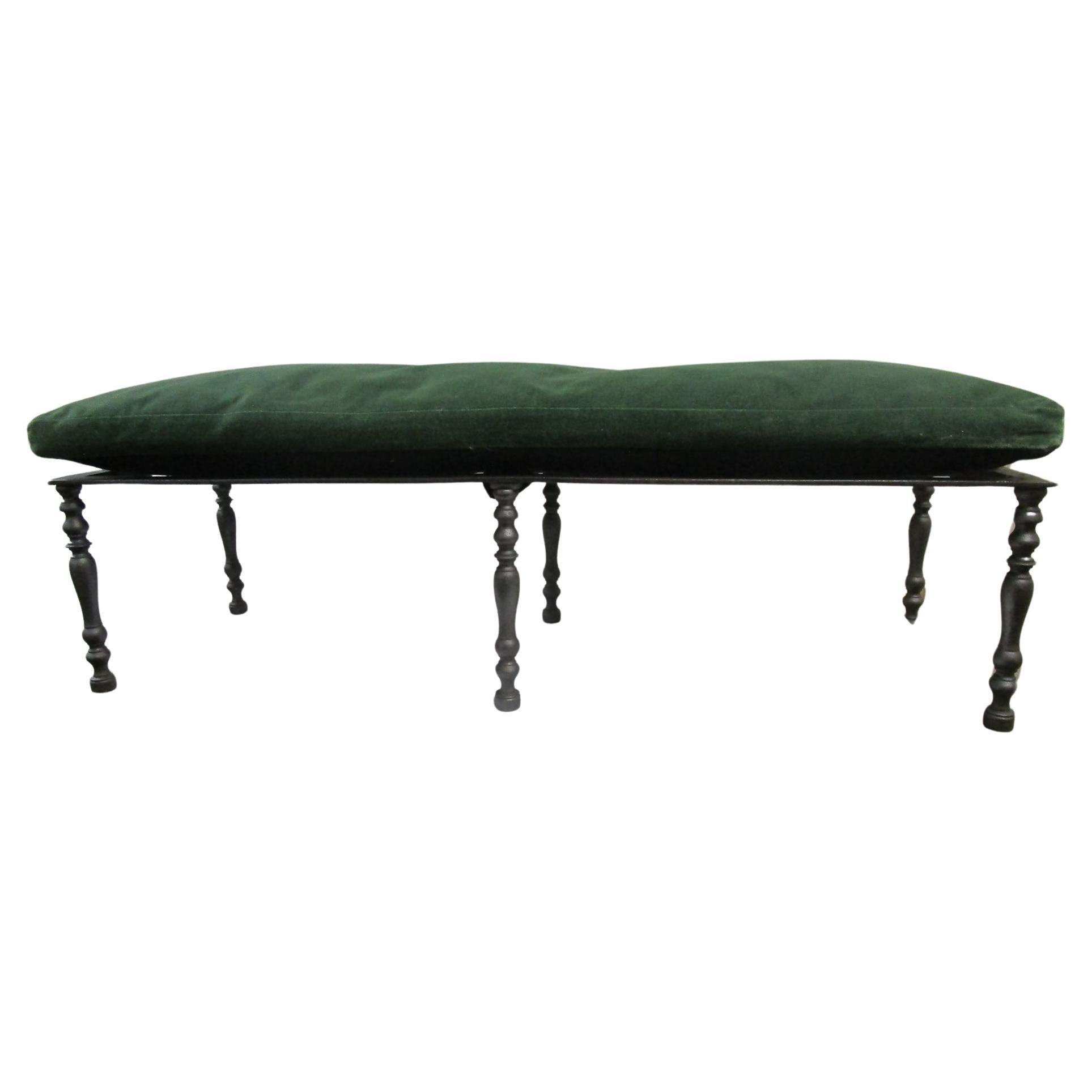 19thc Cast Iron Low English Garden or Fireplace Bench with Velvet Custom Cushion For Sale