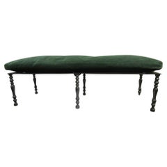 Vintage 19thc Cast Iron Low English Garden or Fireplace Bench with Velvet Custom Cushion