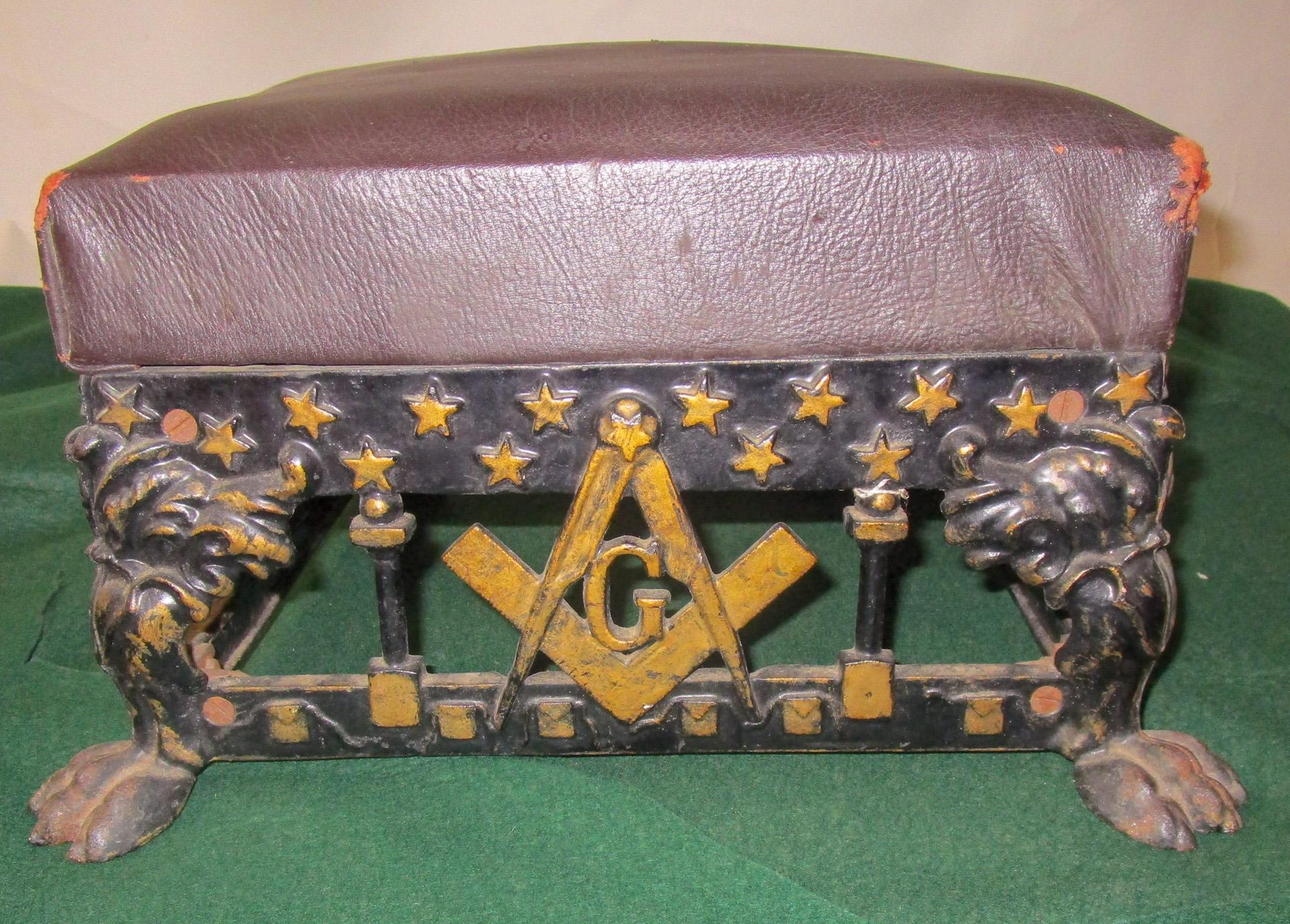 Late Victorian 19thc Cast Iron Masonic Footstool with Square and Compass Stars and Paw Feet