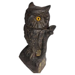19thC Cast Iron Mechanical Owl Bank with a Turning Head and Glass Eyes, 1880