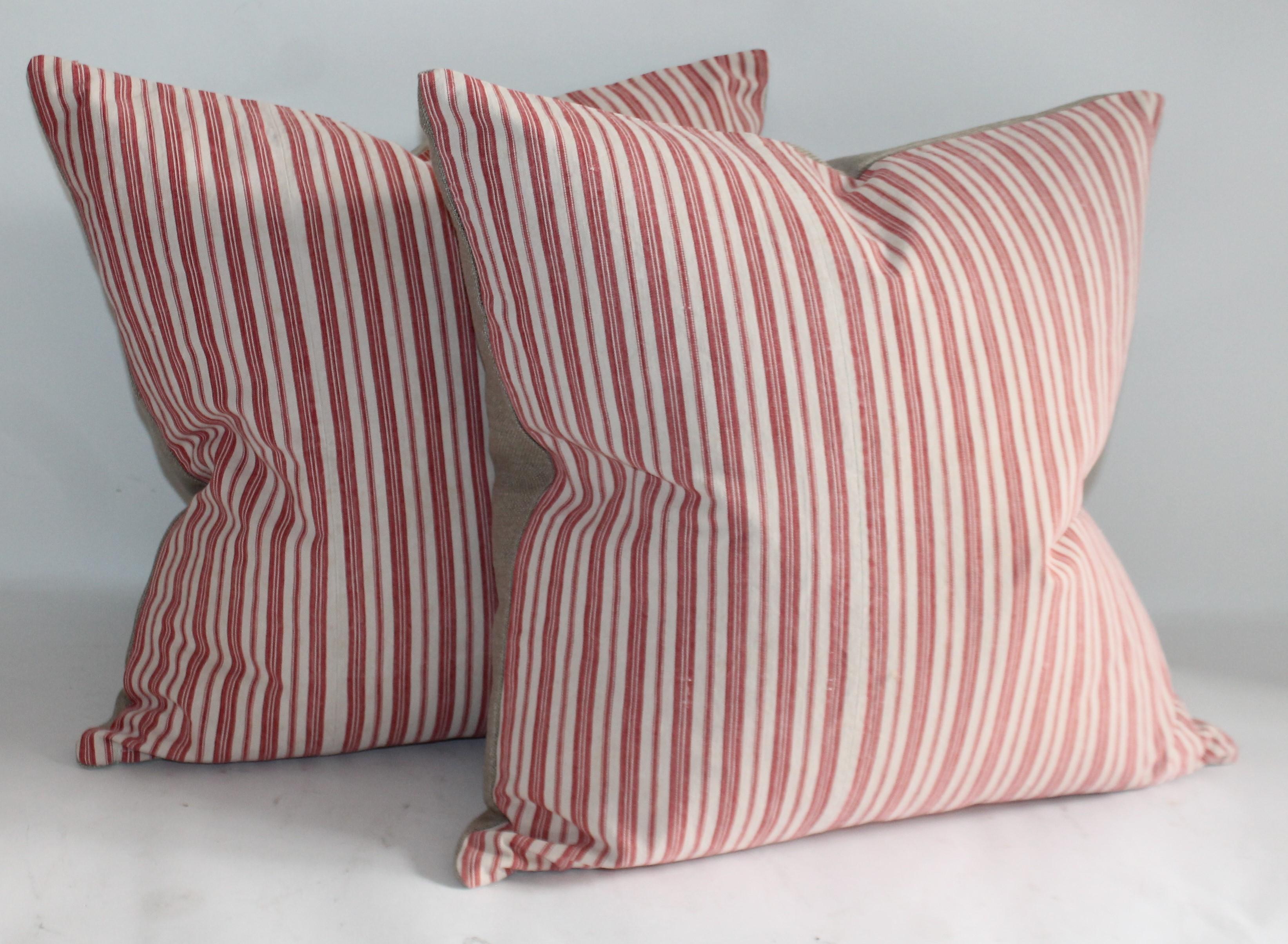 Adirondack 19th Century Cherry Striped Ticking Pillows / Collection of Four For Sale