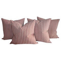 19th Century Cherry Striped Ticking Pillows / Collection of Four