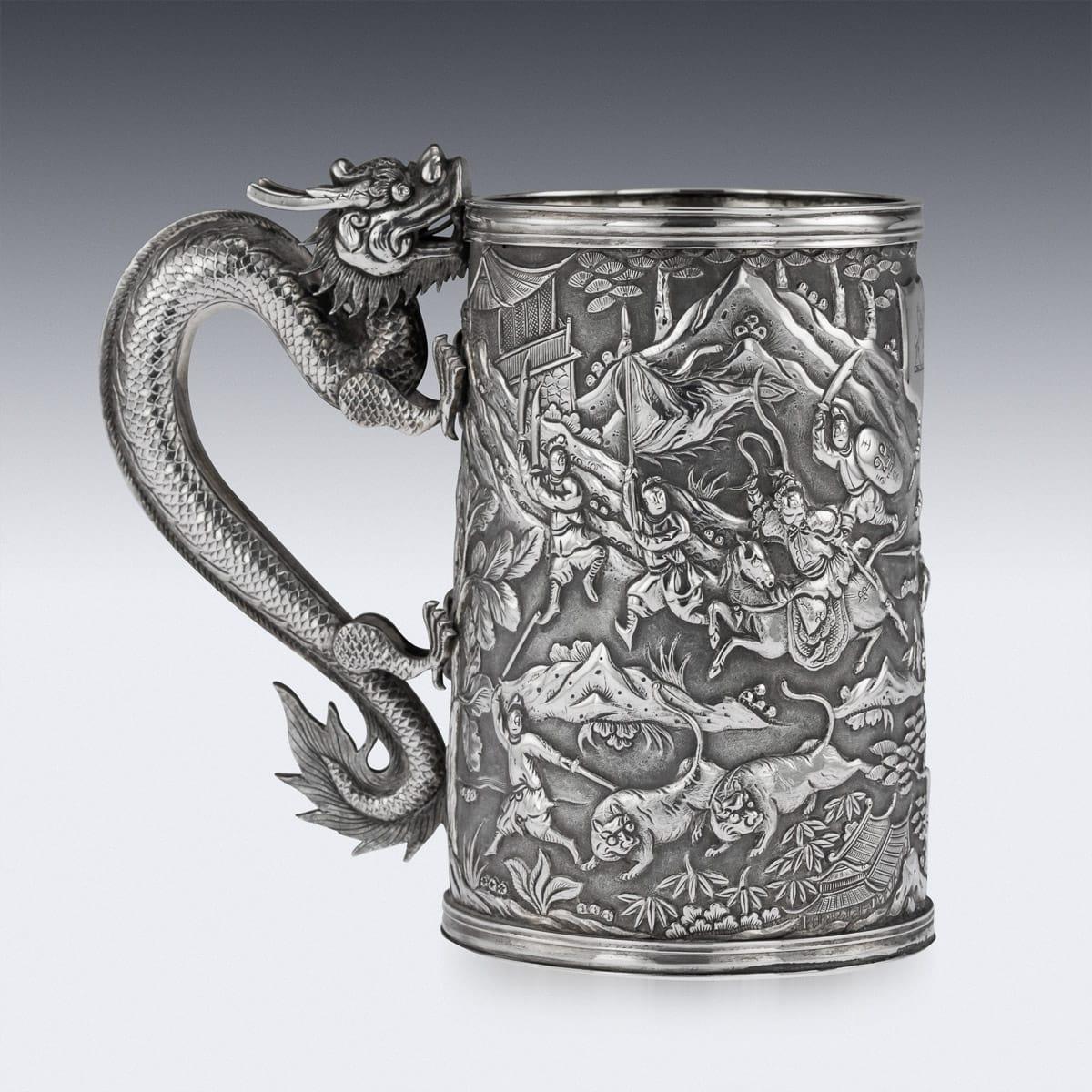 19th Century Chinese Export Solid Silver Battle Scene Mug, Leeching, circa 1870 1