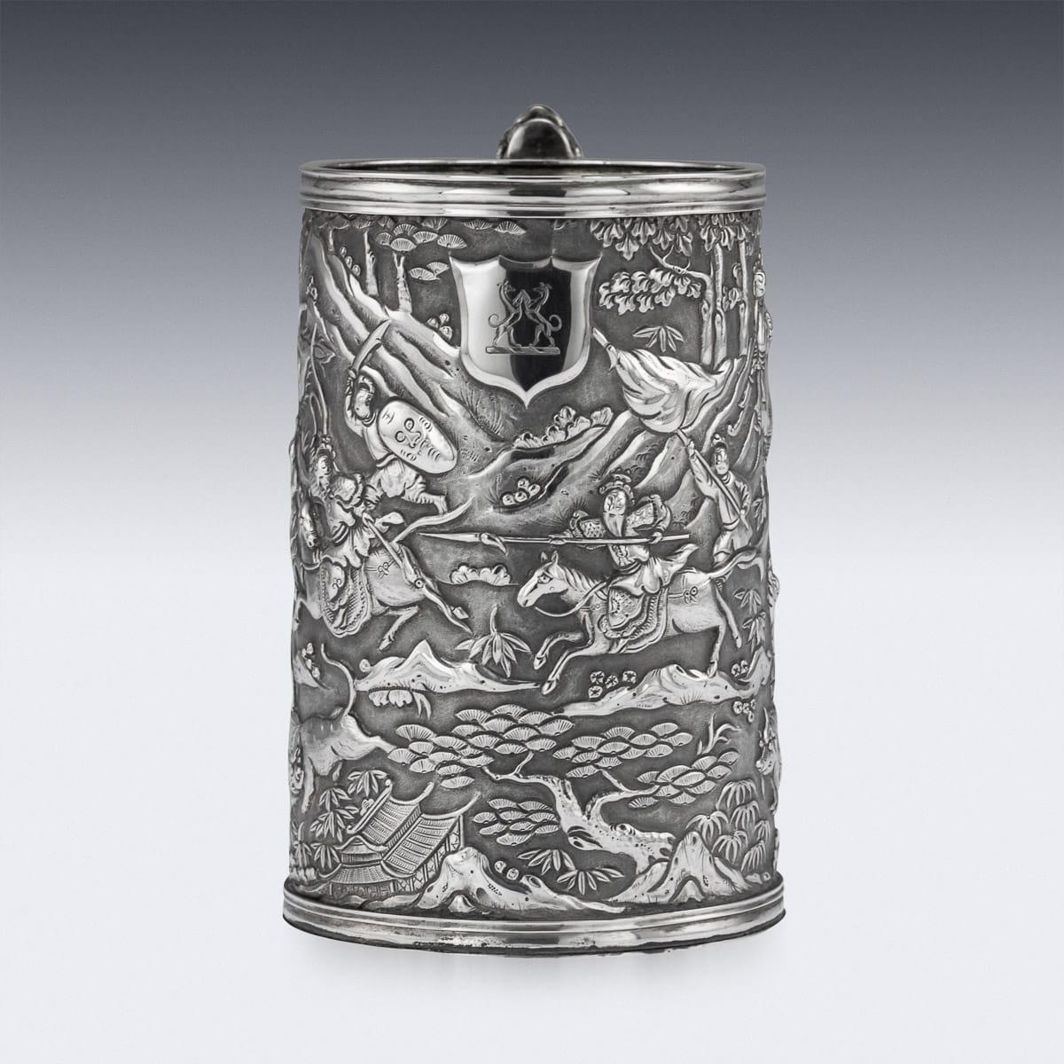 19th Century Chinese Export Solid Silver Battle Scene Mug, Leeching, circa 1870 2