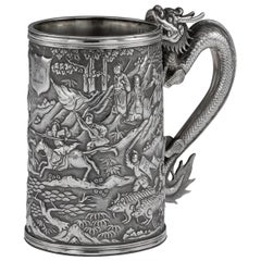 Antique 19th Century Chinese Export Solid Silver Battle Scene Mug, Leeching, circa 1870