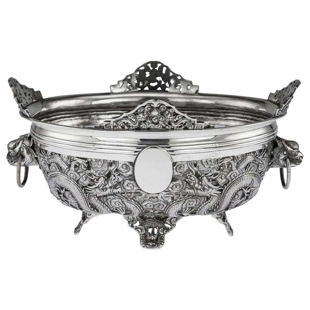 19th Century Chinese Export Solid Silver Dragon Jardinière, Wang Hing circa 1890