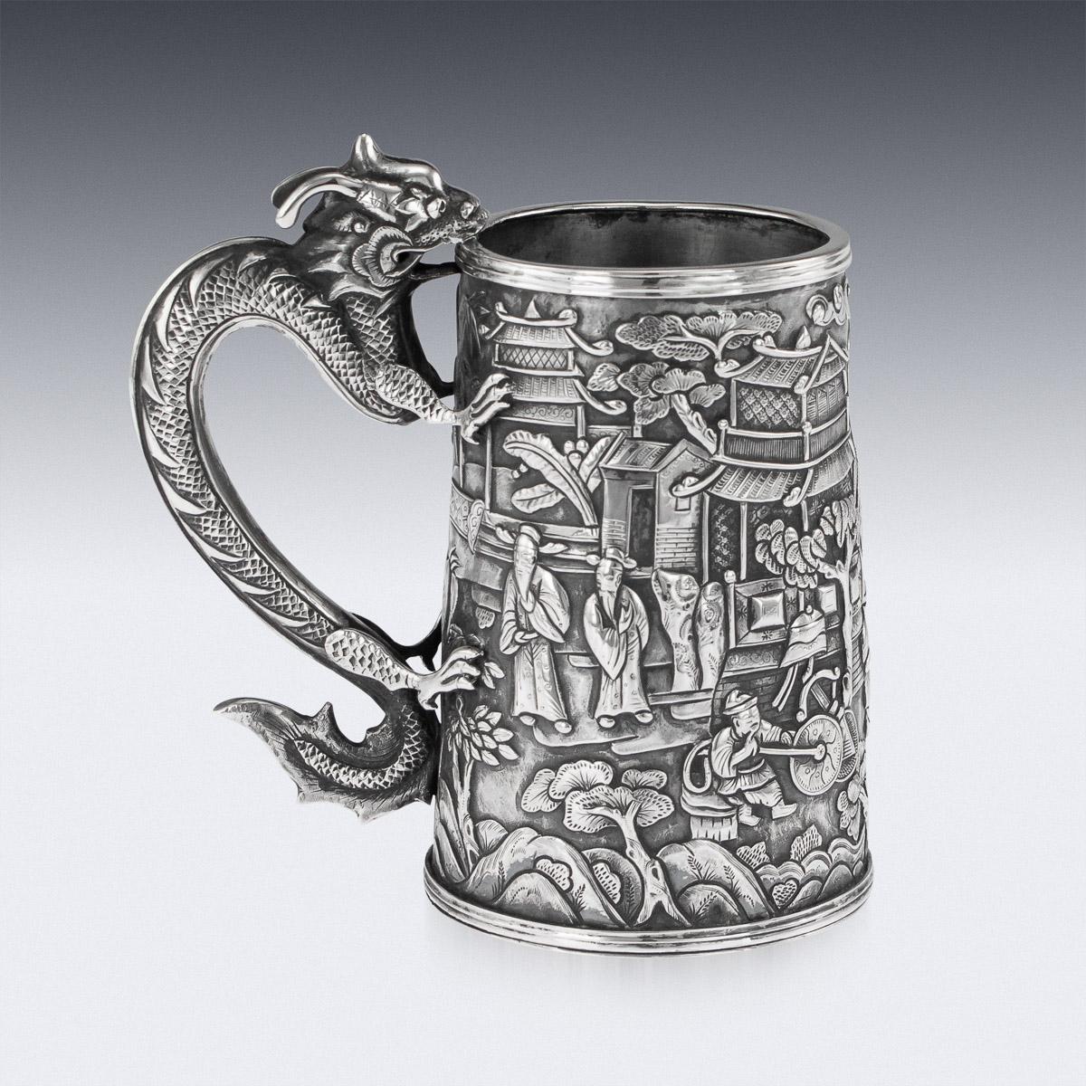 19thC Chinese Export Solid Silver Nobility Scenes Mug, Cutshing, c.1870 In Good Condition In Royal Tunbridge Wells, Kent