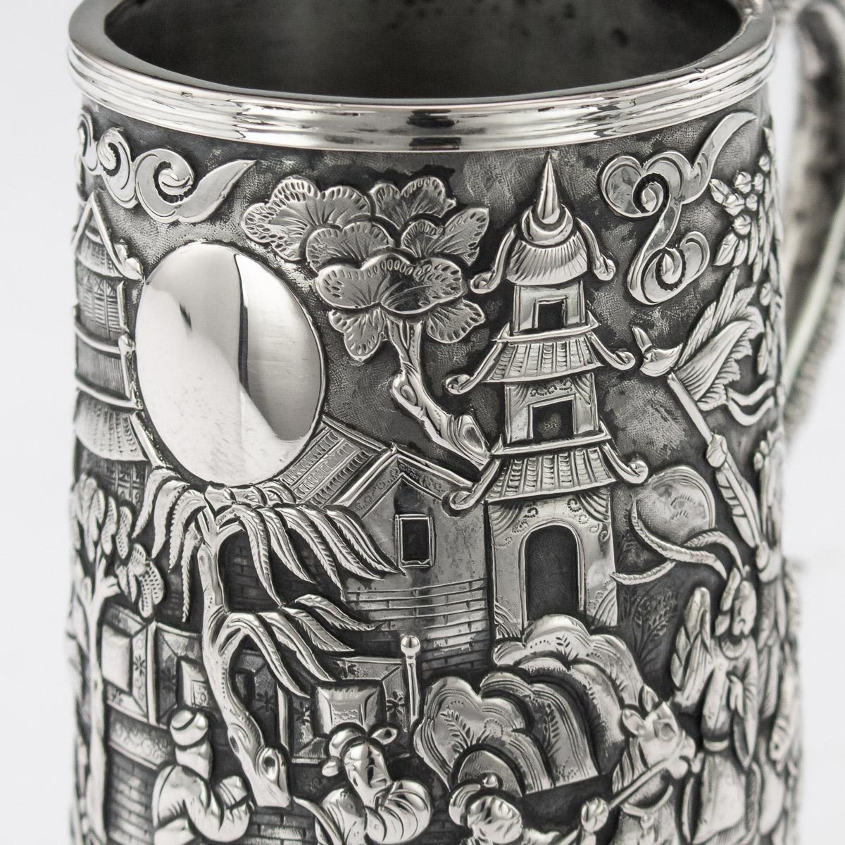 19thC Chinese Export Solid Silver Nobility Scenes Mug, Cutshing, c.1870 4