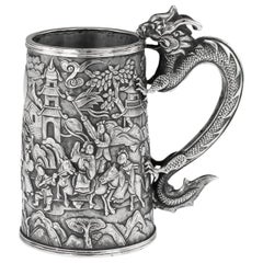 19thC Chinese Export Solid Silver Nobility Scenes Mug, Cutshing, c.1870
