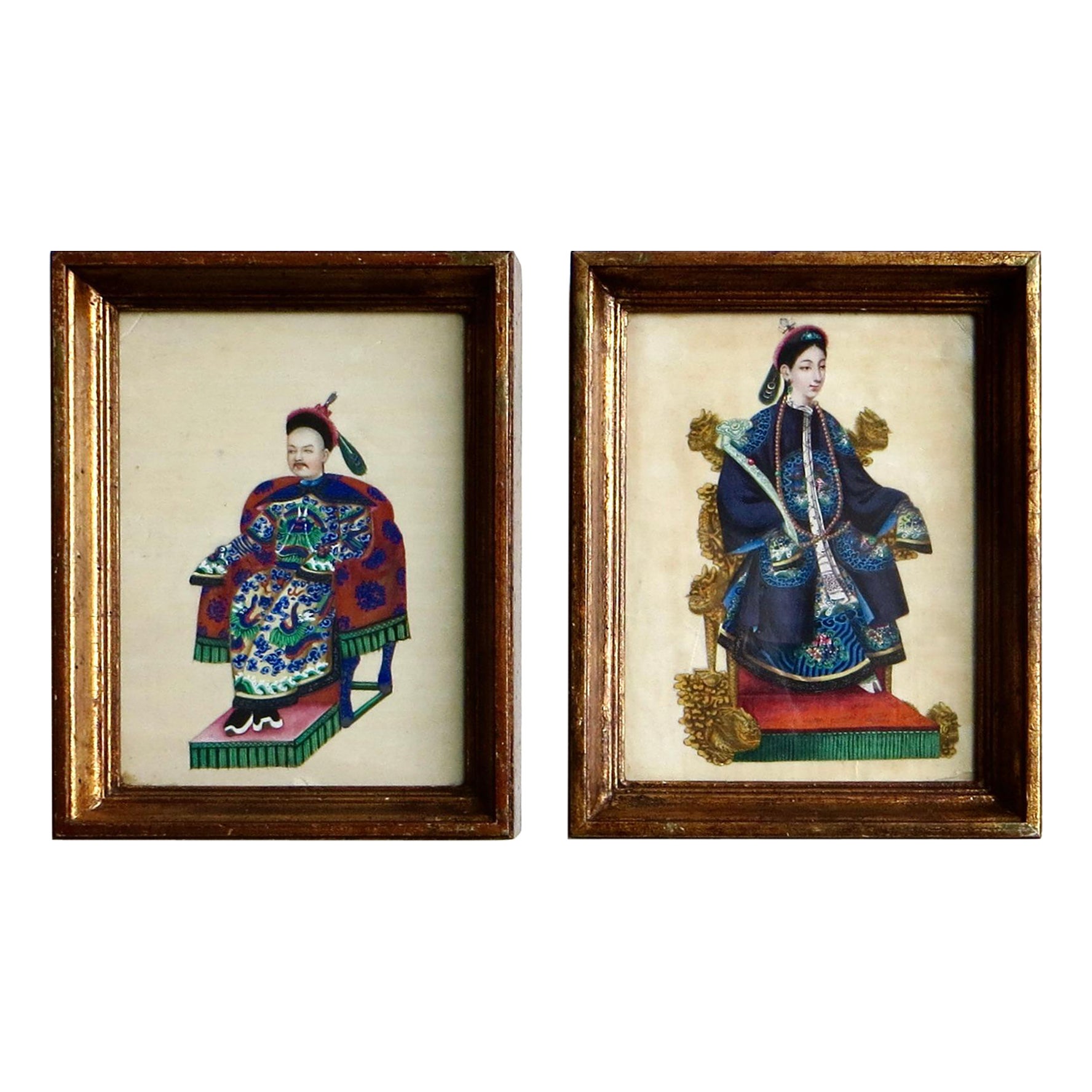 Paire de peintures à la moelle chinoise du XIXe siècle "Empereur Xianfeng et épouse Qing" C.I.C.