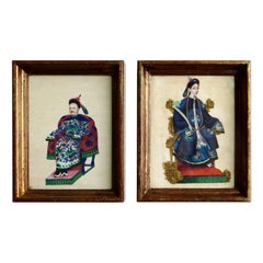 Antique 19thC Chinese Pair of Pith Paintings "Emperor Xianfeng & Consort Qing" C.1855