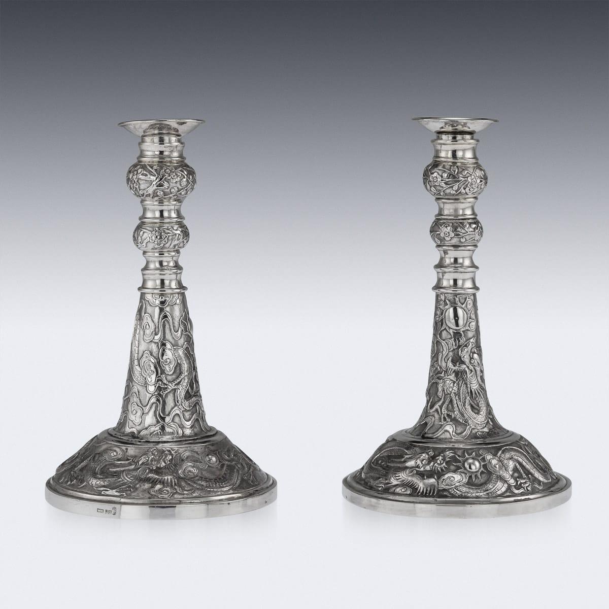 19th Century Chinese Solid Silver Candlesticks, Wang Hing, Canton, circa 1890 In Good Condition For Sale In Royal Tunbridge Wells, Kent