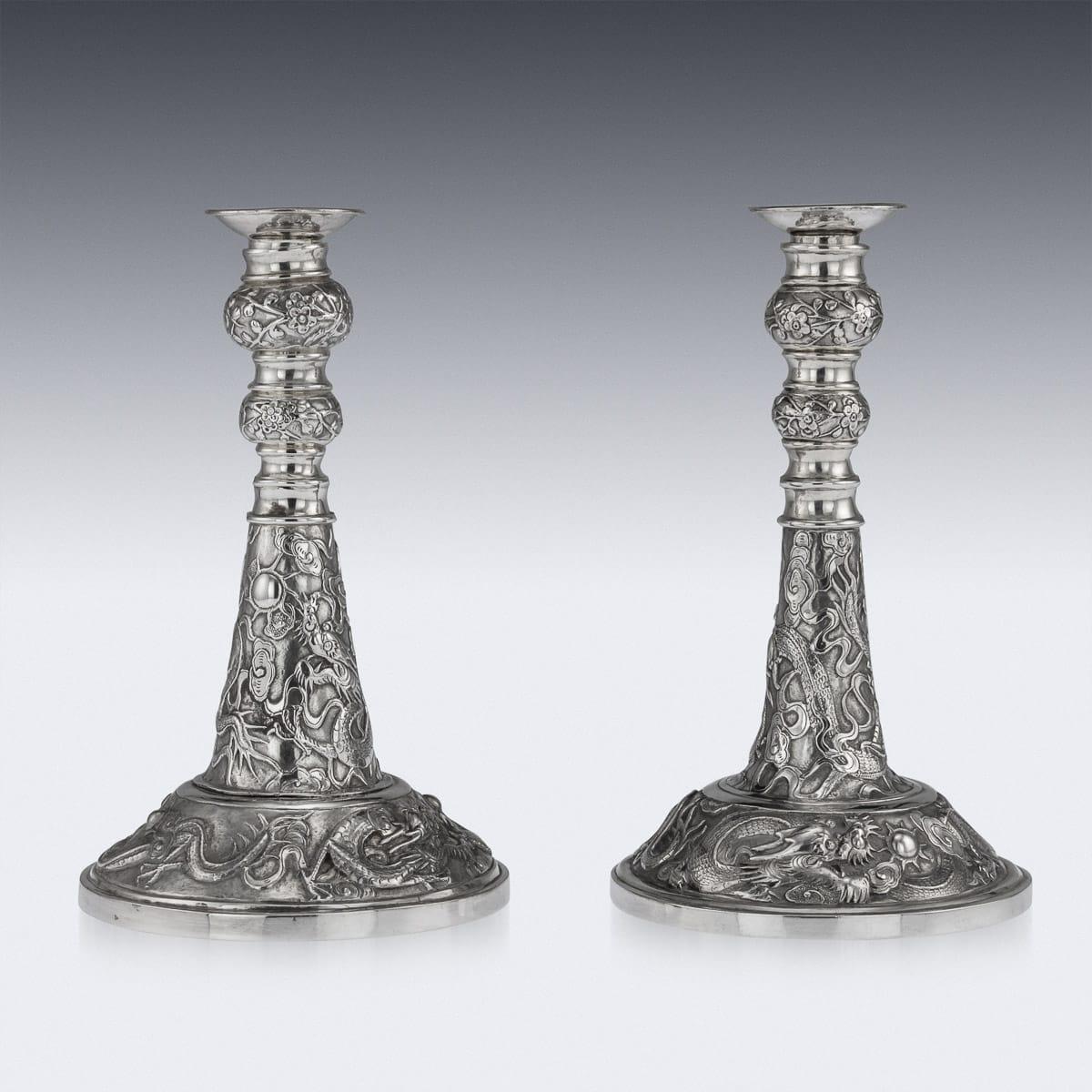 19th Century Chinese Solid Silver Candlesticks, Wang Hing, Canton, circa 1890 For Sale 1