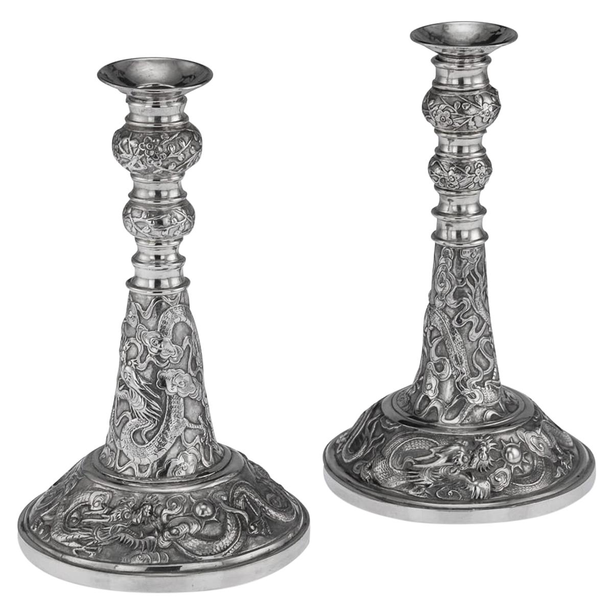 19th Century Chinese Solid Silver Candlesticks, Wang Hing, Canton, circa 1890 For Sale