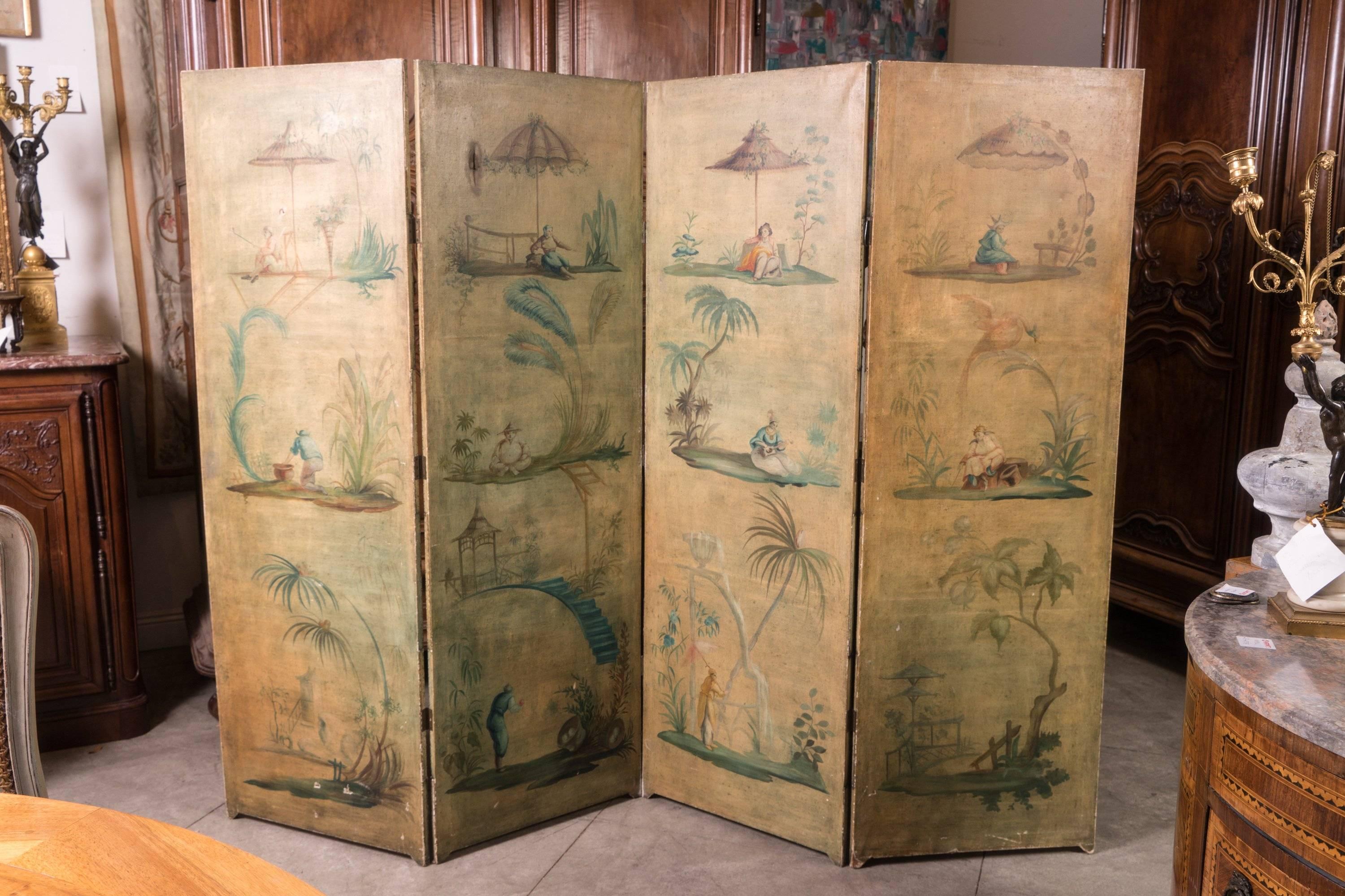 Lovely four-panel chinoiserie painted screen. Beautiful soft tones that can stand or be mounted on the wall.
