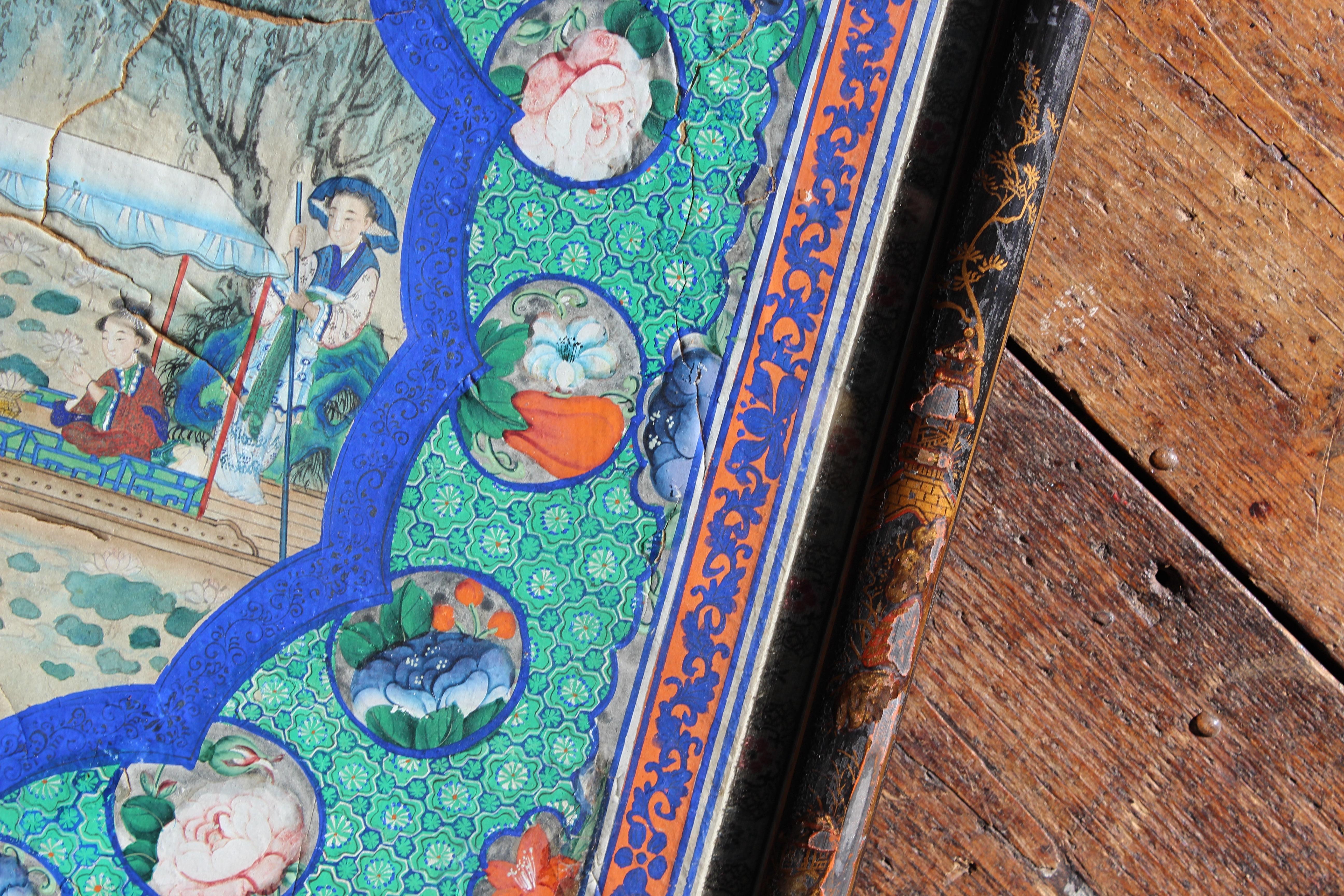 19. Jahrhundert Chinesische Export Reispapier Bild Aquarell und Gouache Studien auf Reispapier der Ernte Lotusblumen, zwei Tafeln zusammen montiert, leuchtenden kräftigen Farben, jedes Panel mit Schäden, wie in den Bildern gezeigt, montiert und in