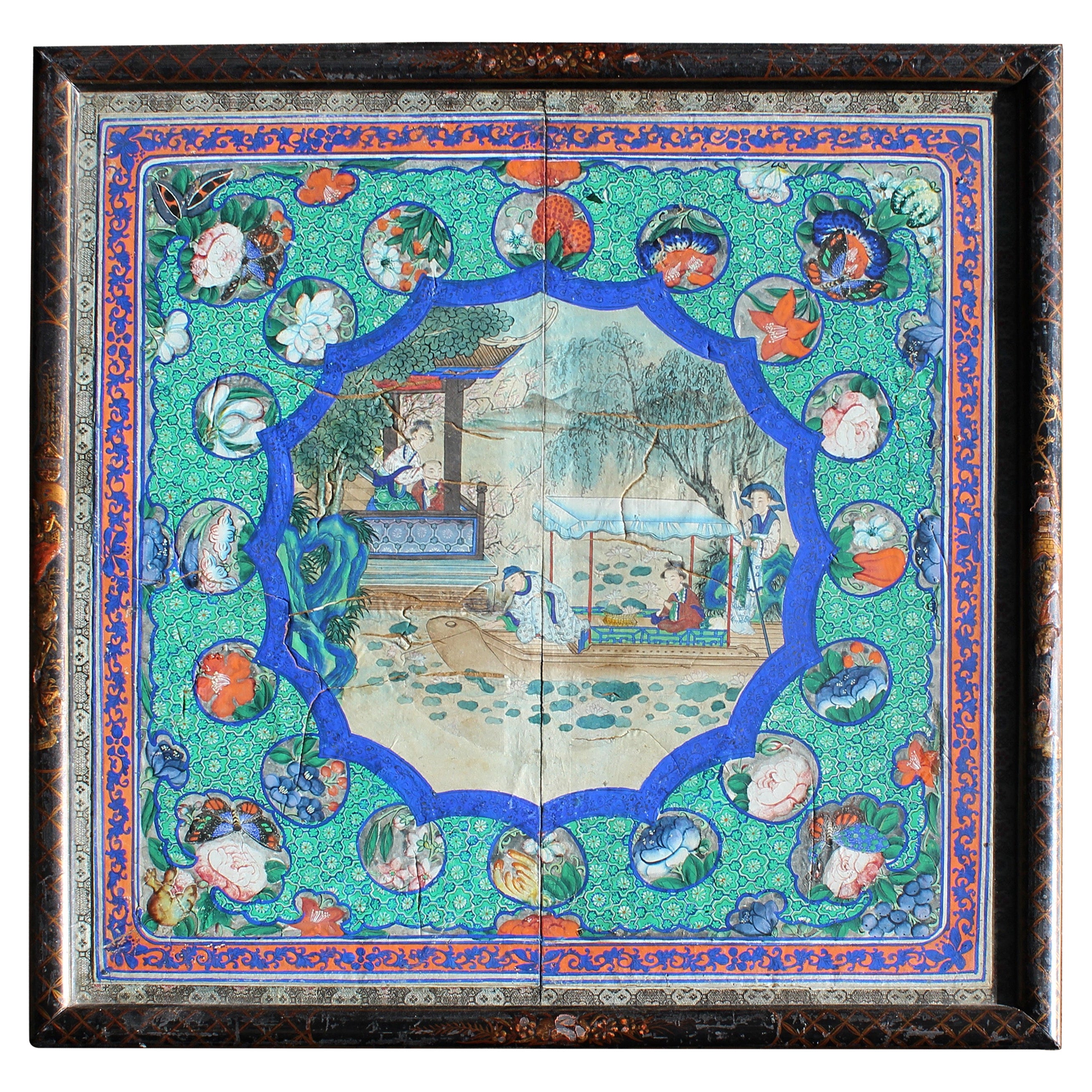 19thC Circa 1840 Watercolour Gouache Chinese Guangdong School The Lotus Harvest For Sale
