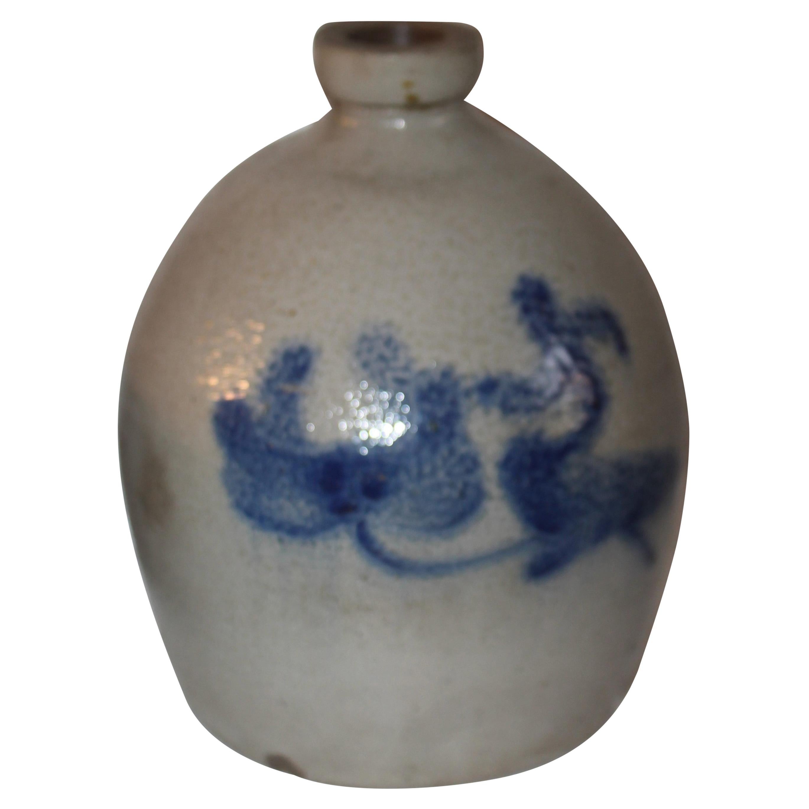 Kobaltblauer, bemalter, geblümter Keramikkrug aus dem 19. Jahrhundert