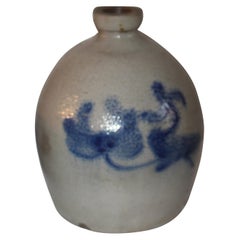 19thc Cobalt Blue Painted Floral Pottery Jug