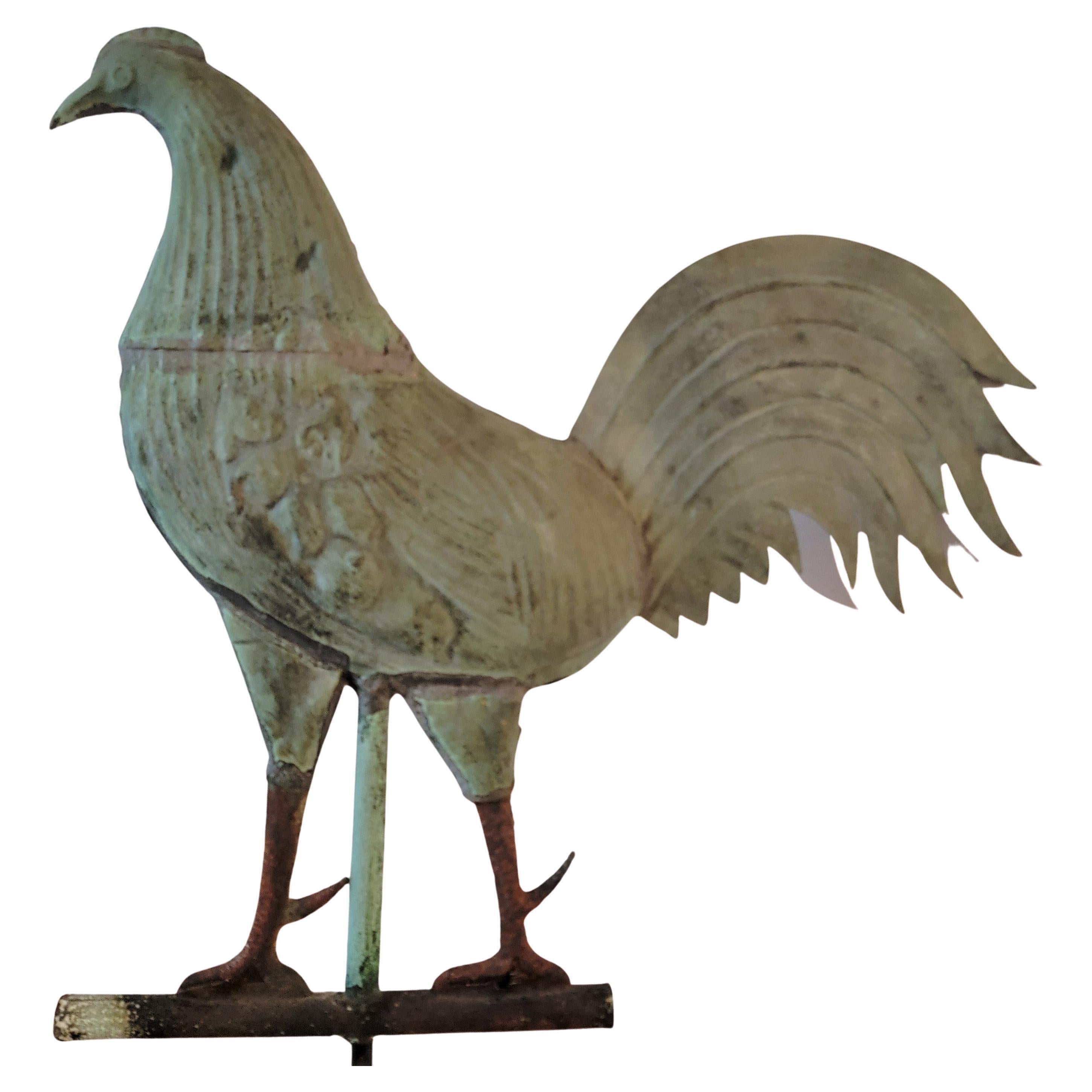 Adirondack 19thc Copper Gamecock Weather Vane W/ Custom Iron Stand