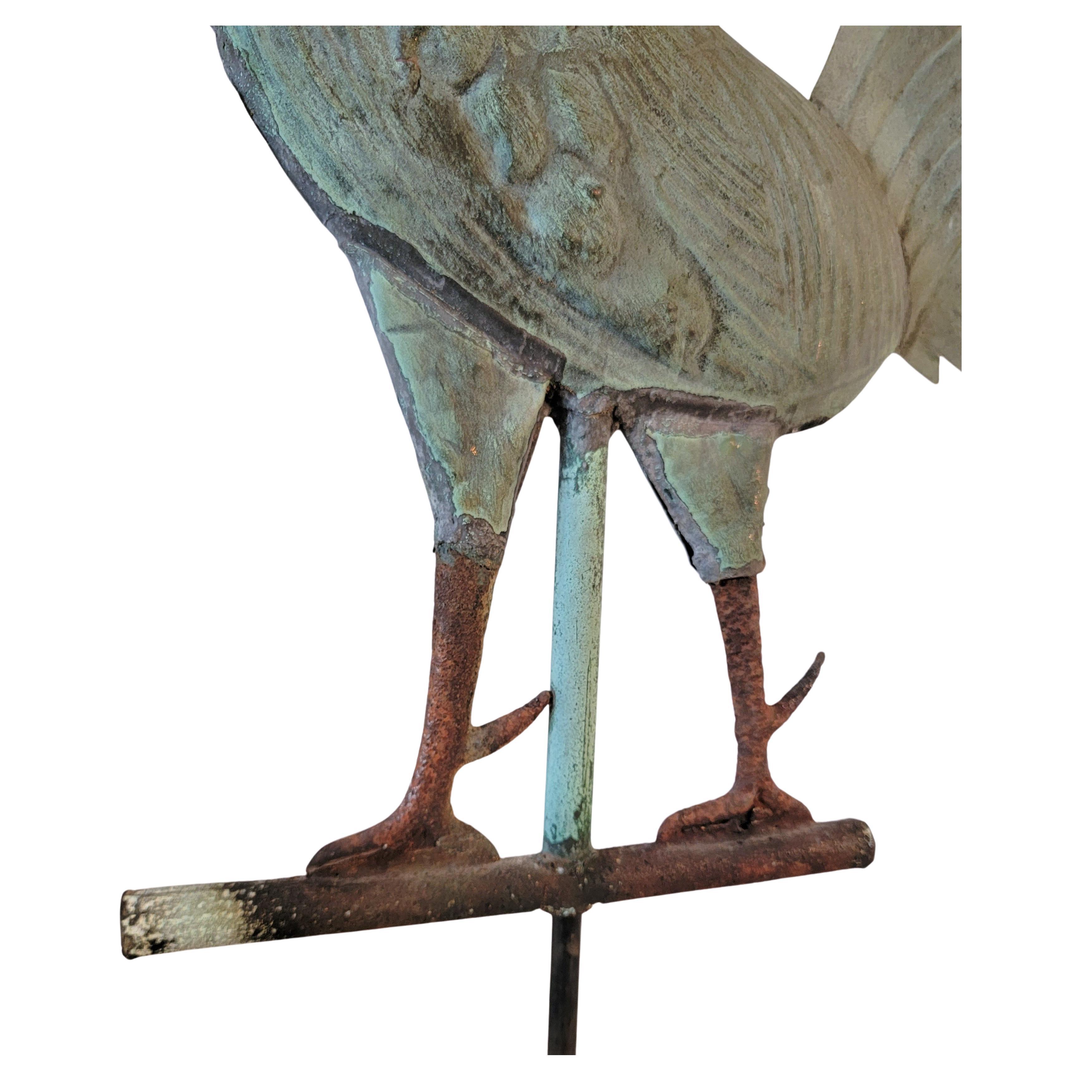 Hand-Crafted 19thc Copper Gamecock Weather Vane W/ Custom Iron Stand