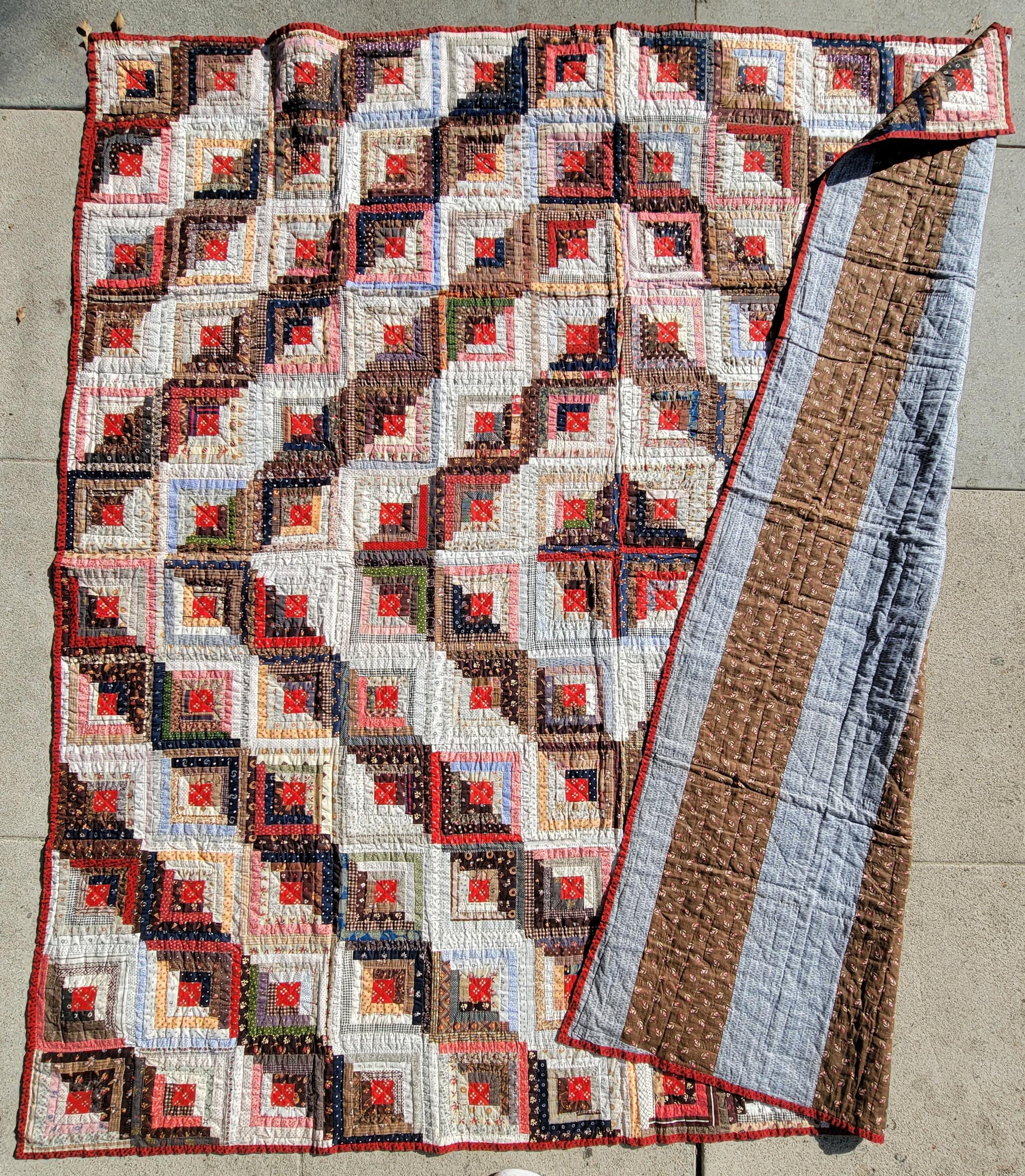 Hand-Crafted 19thc Cotton Log Cabin Quilt For Sale