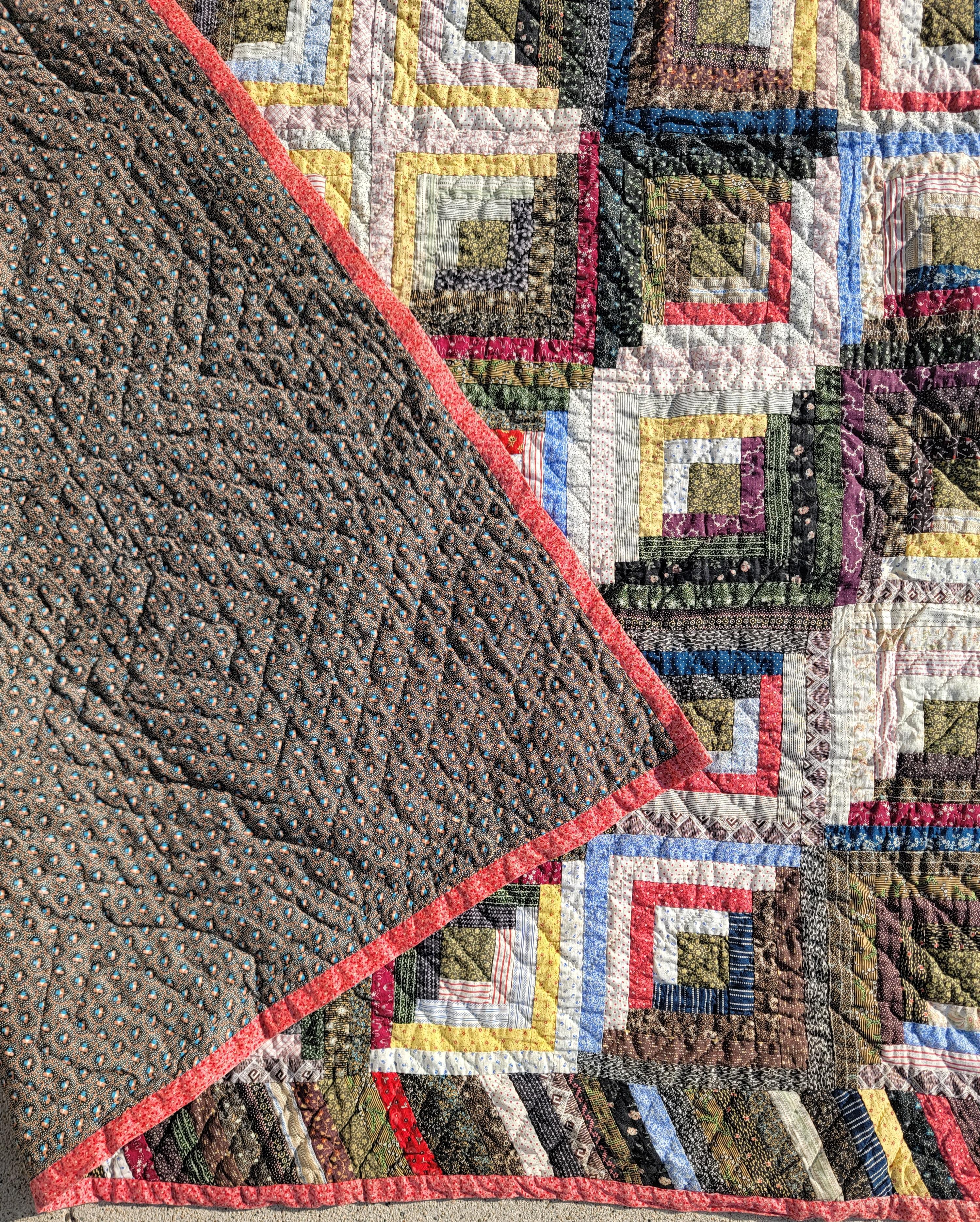 Hand-Crafted 19Thc Cotton Log Cabin Quilt From Pennsylvania