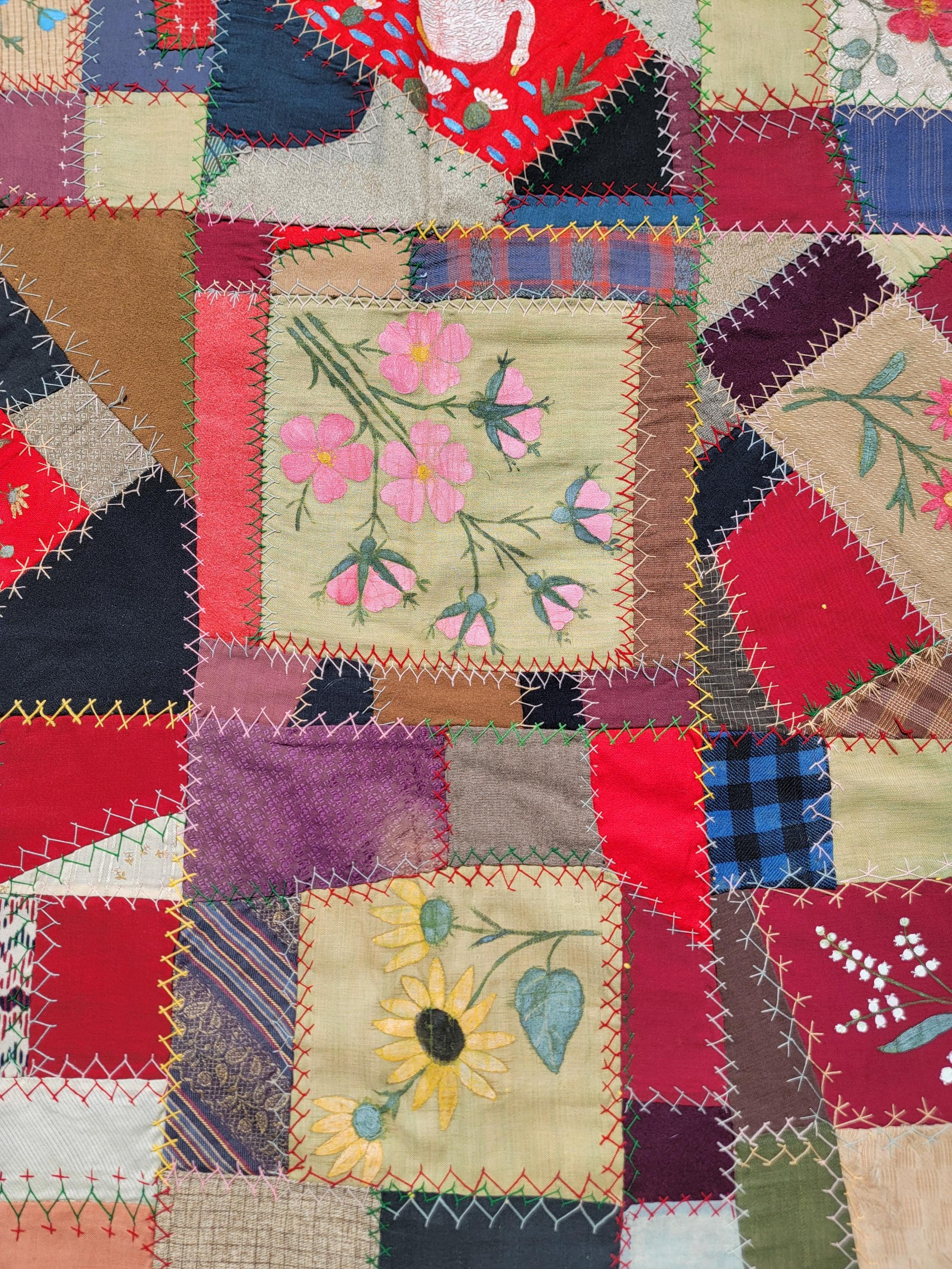 Crazy Quilt 19èmec Blocs peints à la main ( Daté 1882) Bon état - En vente à Los Angeles, CA