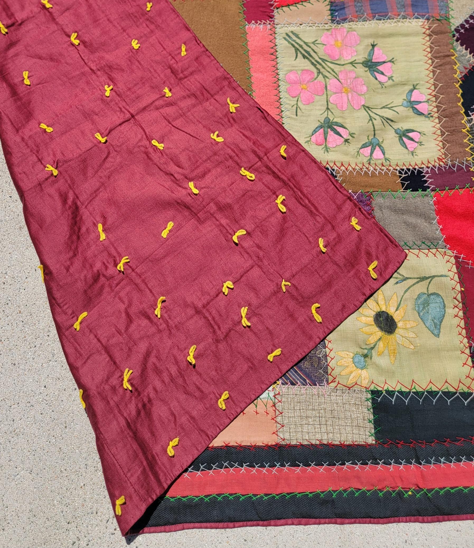 Laine Crazy Quilt 19èmec Blocs peints à la main ( Daté 1882) en vente
