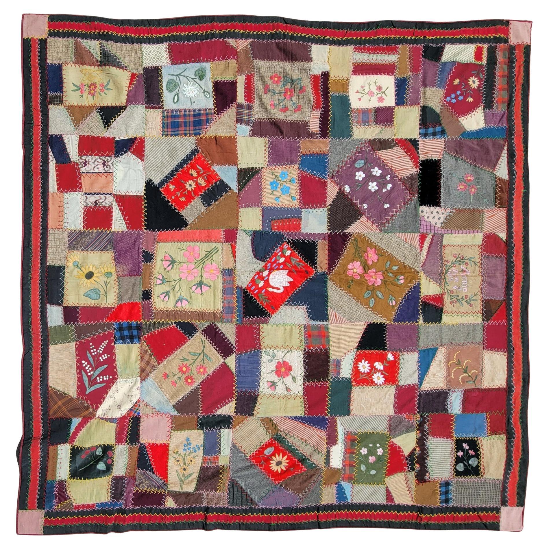 Crazy Quilt 19èmec Blocs peints à la main ( Daté 1882) en vente