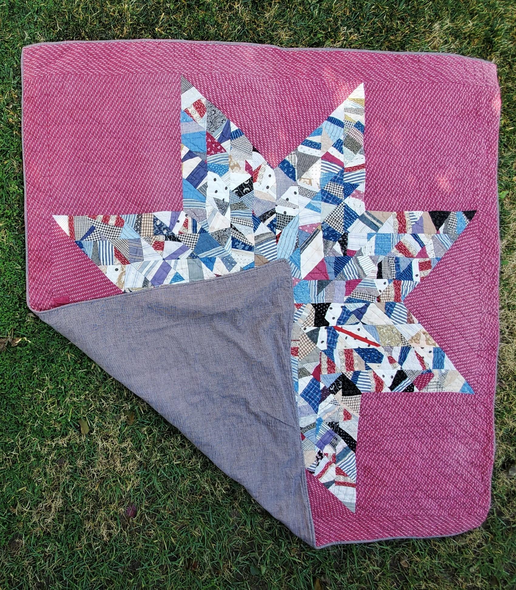 Hand-Crafted 19th Century Crazy Scrap Star Quilt For Sale