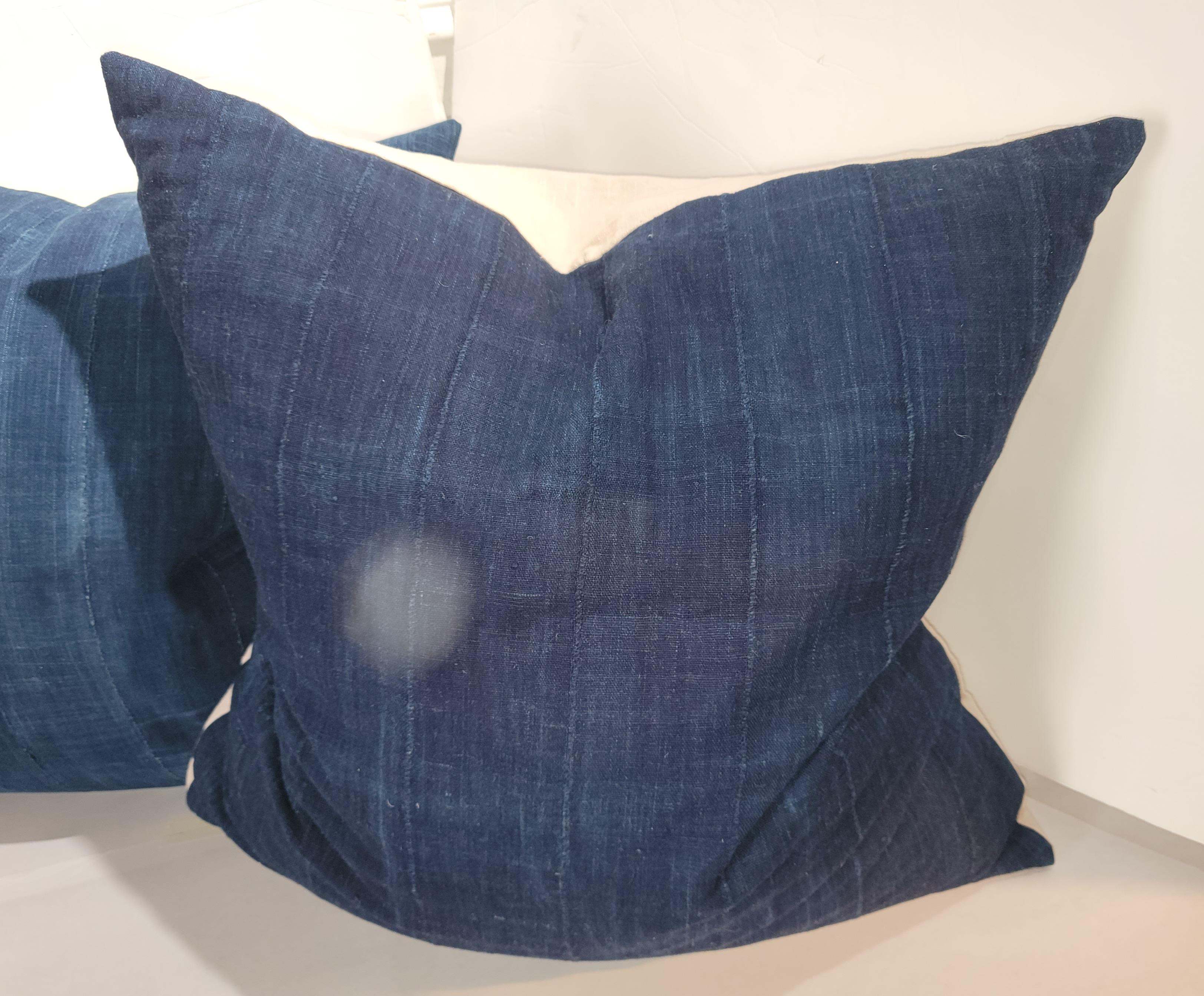 Hand-Crafted 19Thc Dark Blue Cotton Linen Fabric Pillows-Pair For Sale