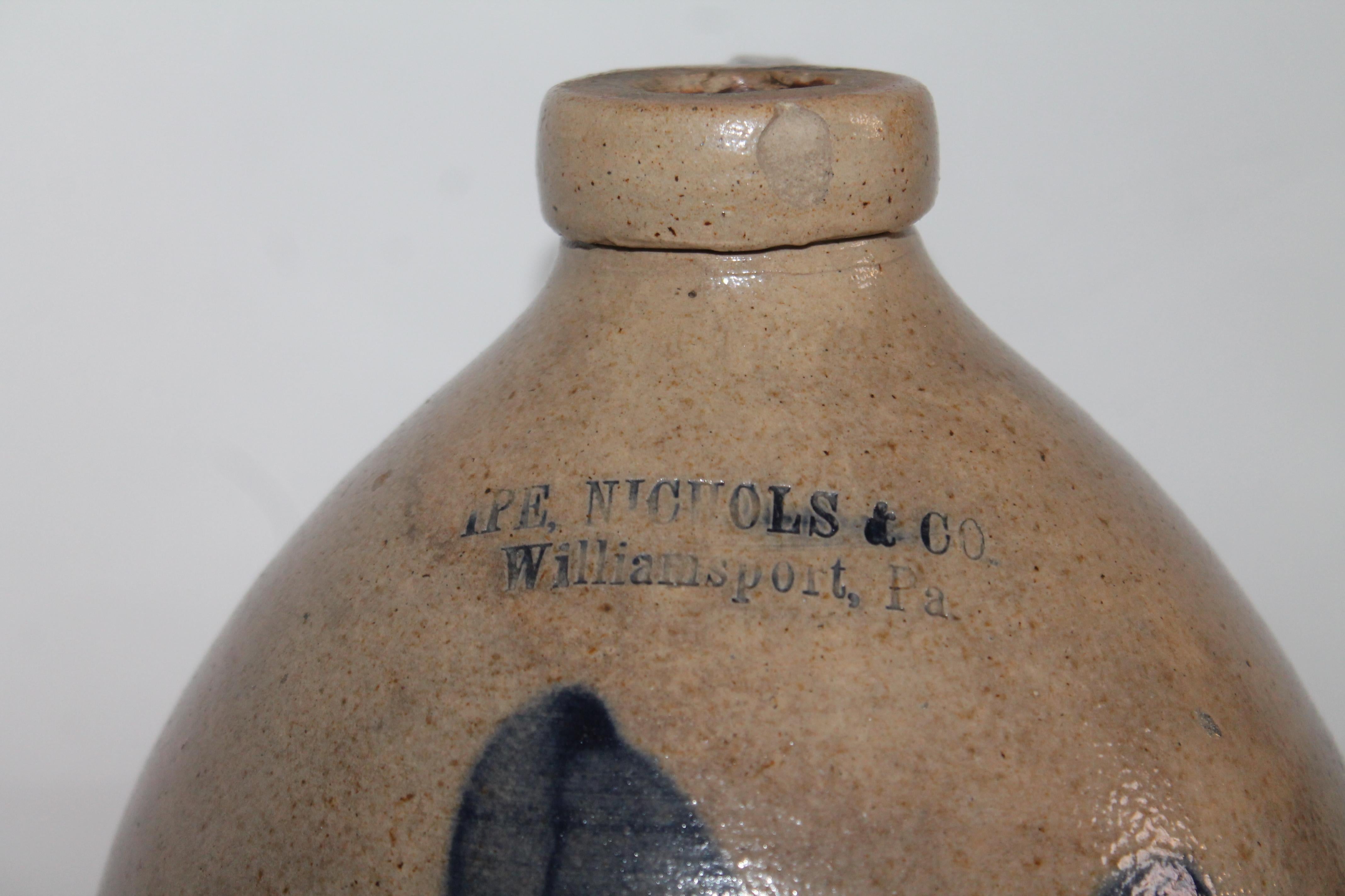 Adirondack 19th Century Decorated Salt Glaze Jug Signed Nichols Co.Williamsport, Pa.