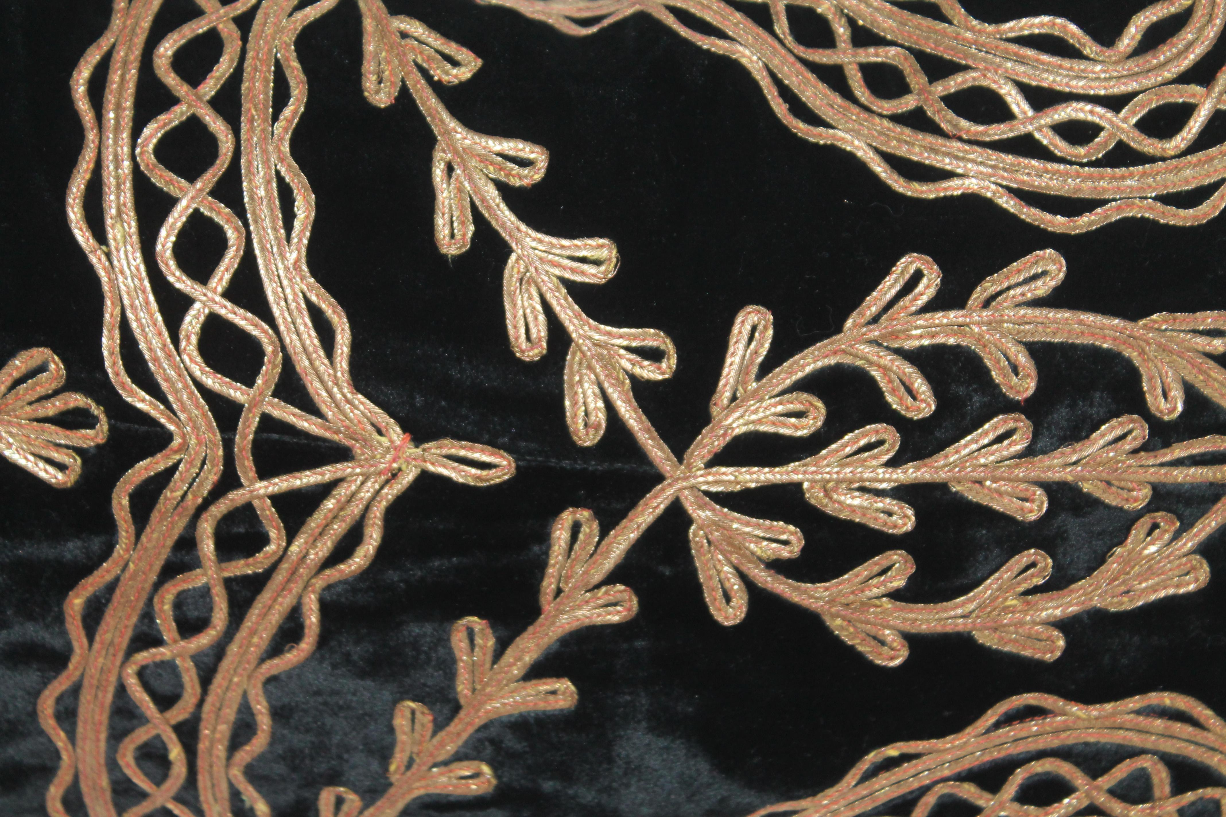 Edwardian 19th Century Decorated Silk Velvet Pillow with Metal Applique Trim