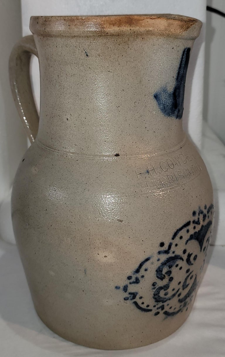 Hand-Crafted 19Thc Decorated Stone Ware Cowden & Wilcox  Pitcher From Pennsylvania For Sale