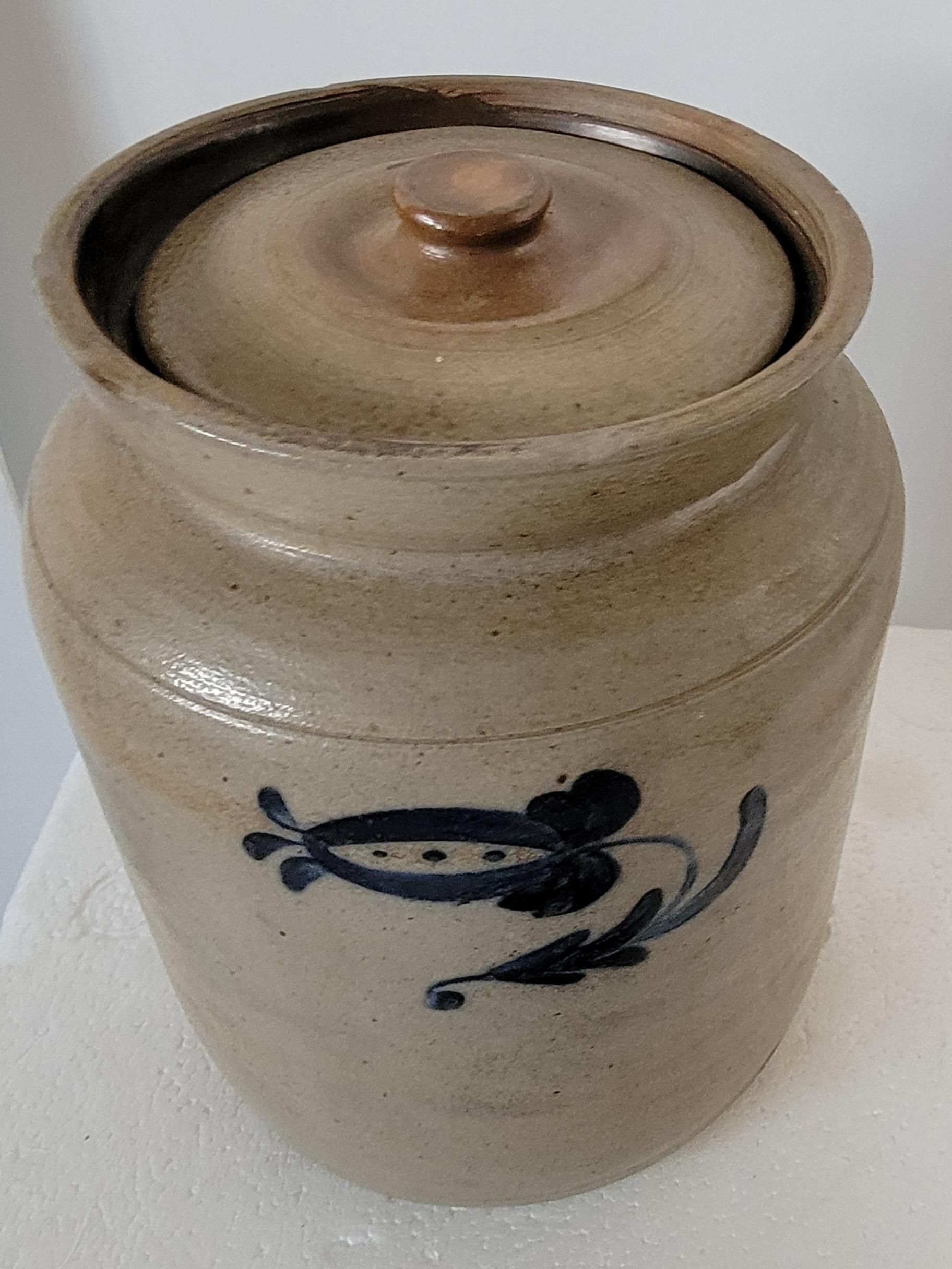 Hand-Crafted 19Thc Decorated Stone Ware Crock W/ Lid For Sale