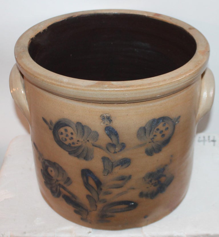 19th Century Decorated Stoneware Blue Decorated Crock For Sale at
